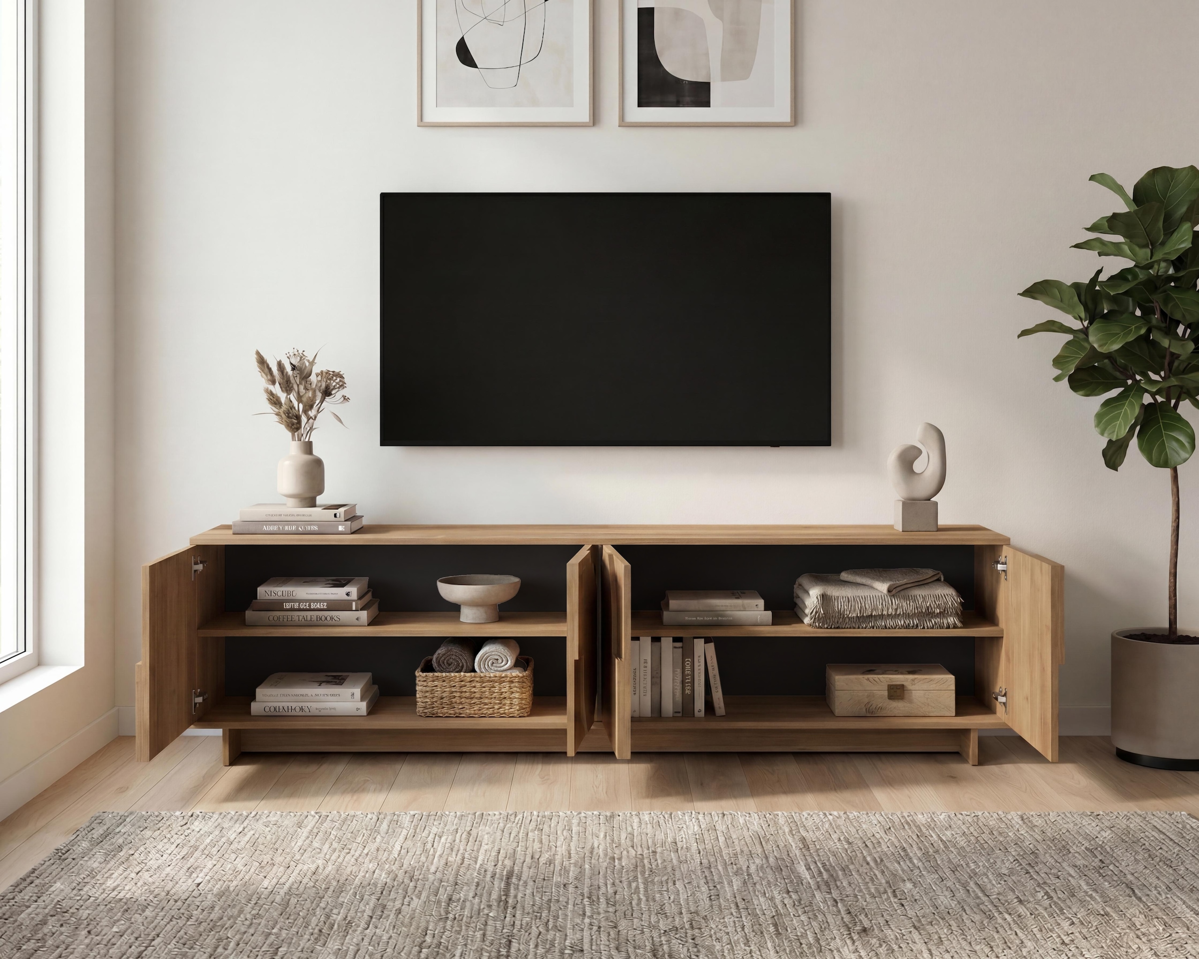Home affaire Table basse »Zen, 205 cm breit, 4 Türen, Mediaboard, TV-Schrank, TV-Board« ouverture par pression, façades 3D, structure bois Mercure, beaucoup de rangement,