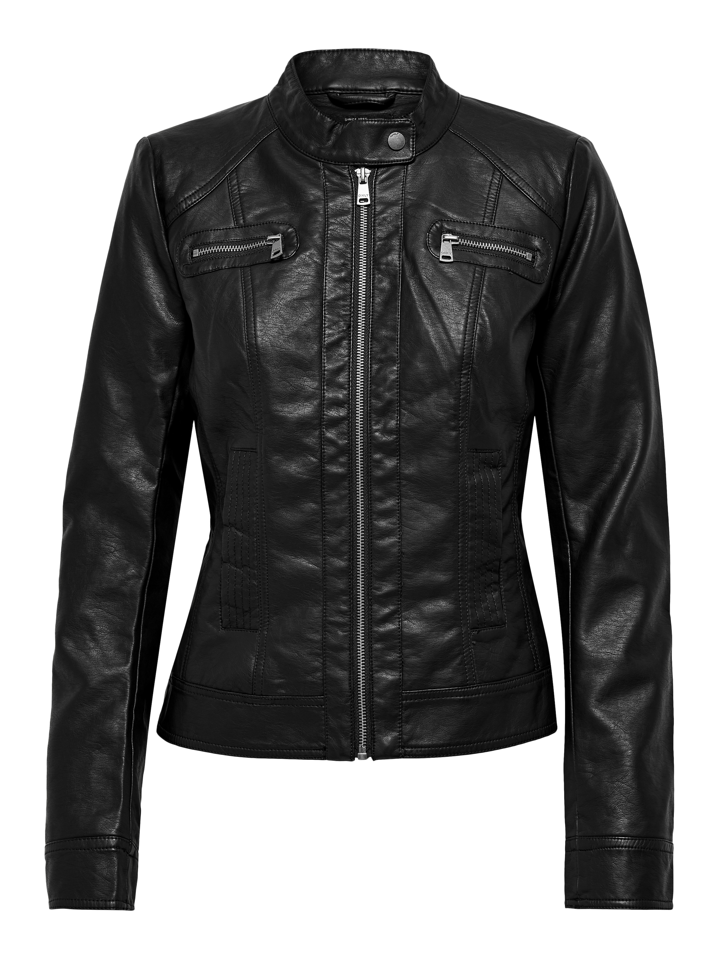 ONLY Veste en imitation cuir »ONLBANDIT – Bikerjacke mit figurbetonter Form und Reissverschlüssen« unifarben, modisch, figurbetont, Lederimitat, Stehkragen