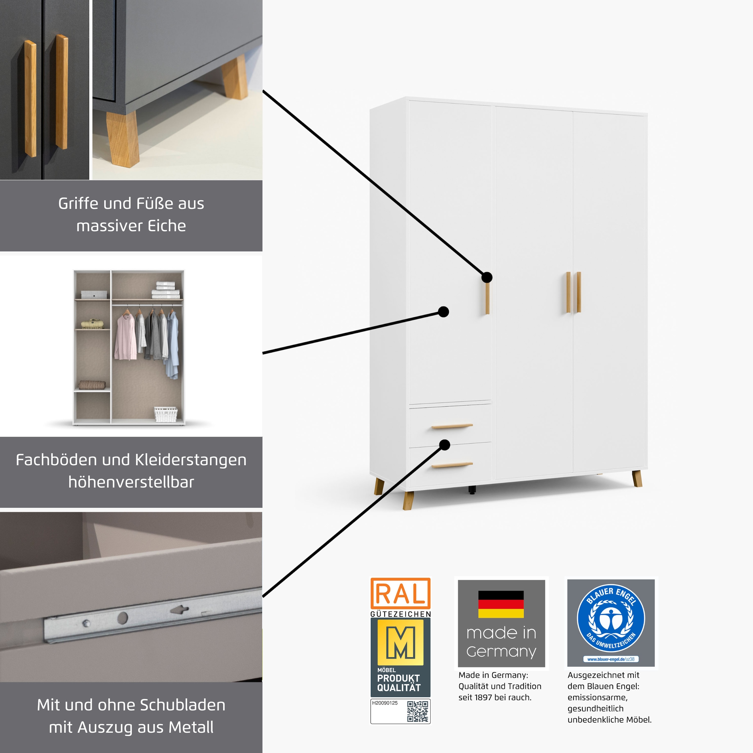 rauch 1100000002199 »Kleiderschrank Schrank Garderobe SHINJO Breiten 93/140/187 cm« in 3 verschiedenen Ausstattungen BASIC/CLASSIC/PREMIUM,  Griffe und Füsse aus Massivholz mit 2 Schubladen MADE IN GERMANY