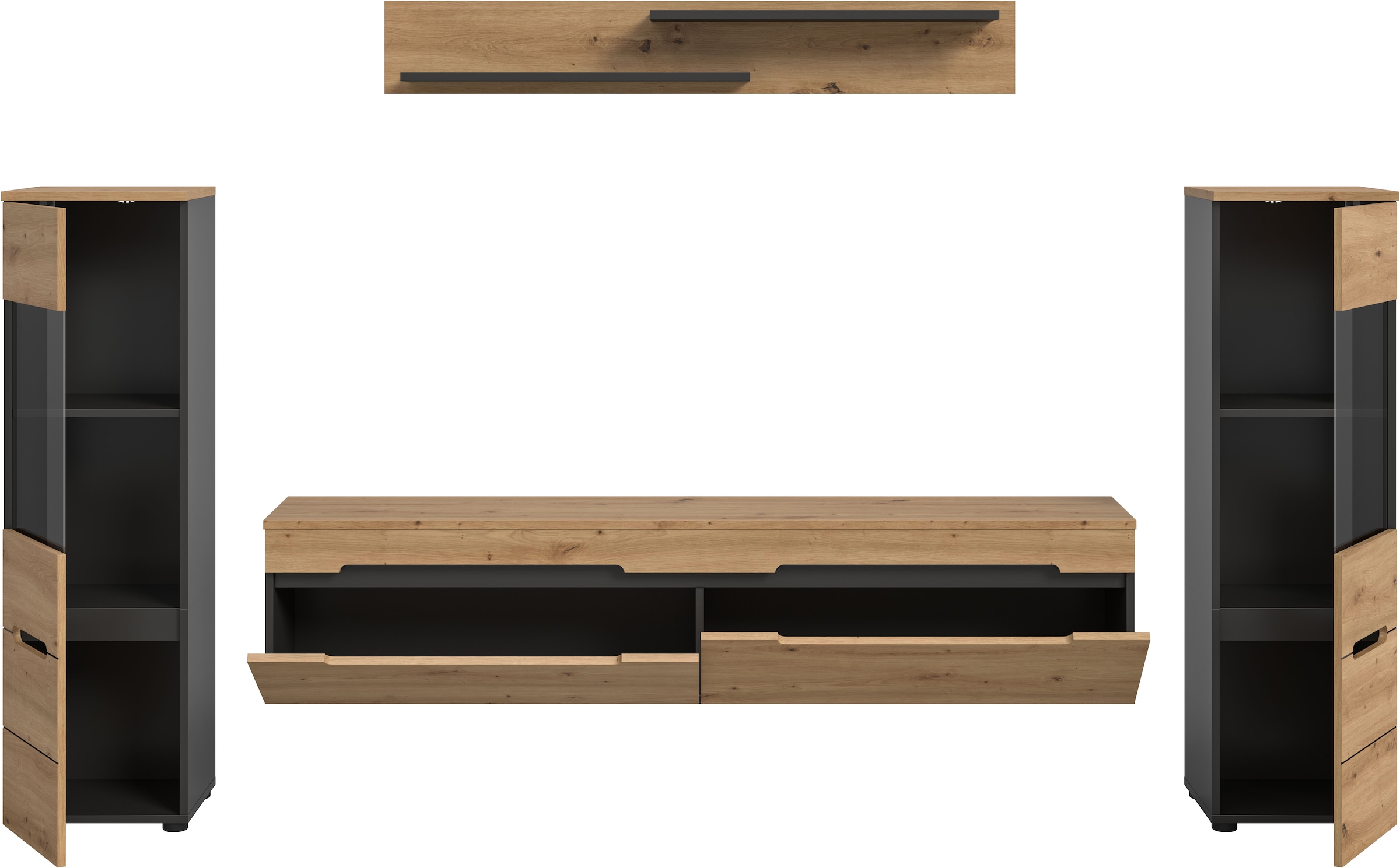 Home affaire Wohnwand »REHAT, 4-teilig, wahlweise stehend und hängend montierbar« Set bestehend aus: 2x Vitrine, Lowboard und Wandboard, 3 Stk. tlg.