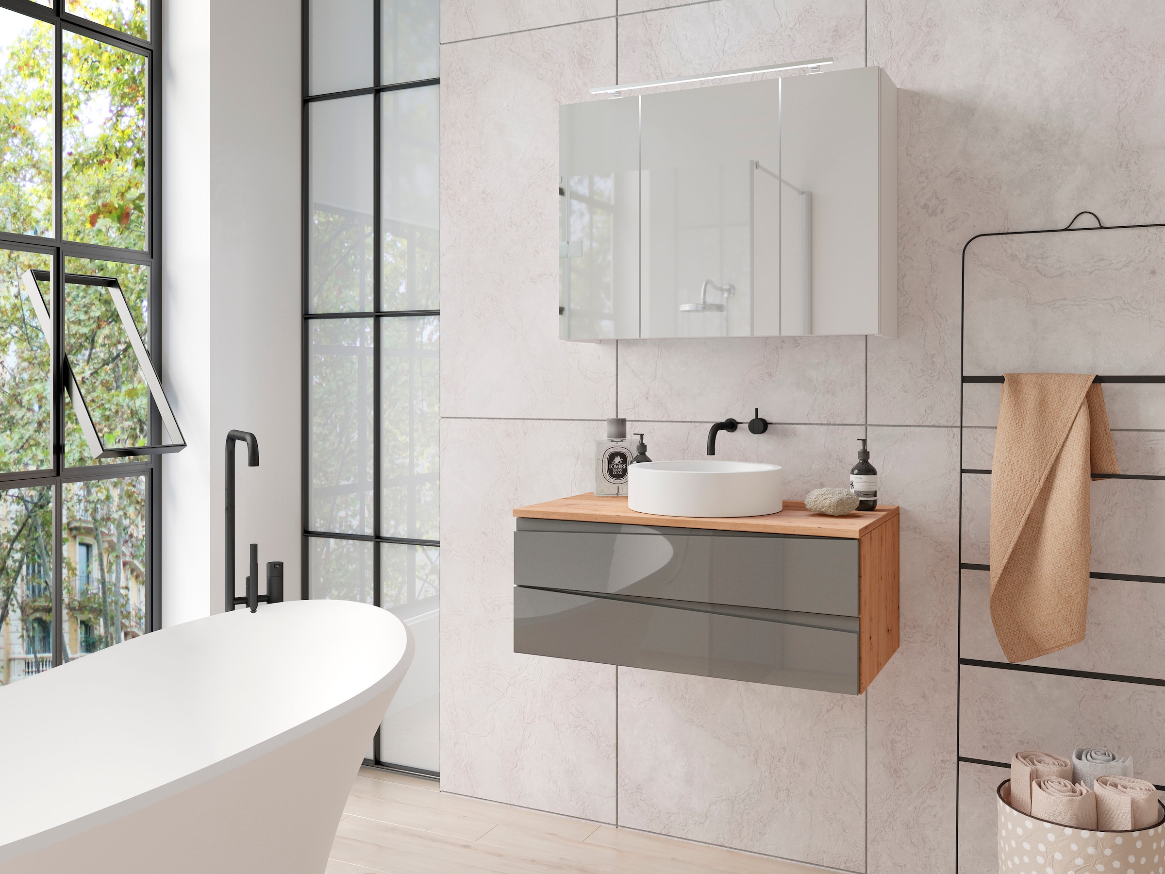 byLIVING Waschbeckenschrank »Shape« 1 Stk. tlg. für Aufsatzbecken mit asymetrischer Hochglanz Front, 2 Schubkästen