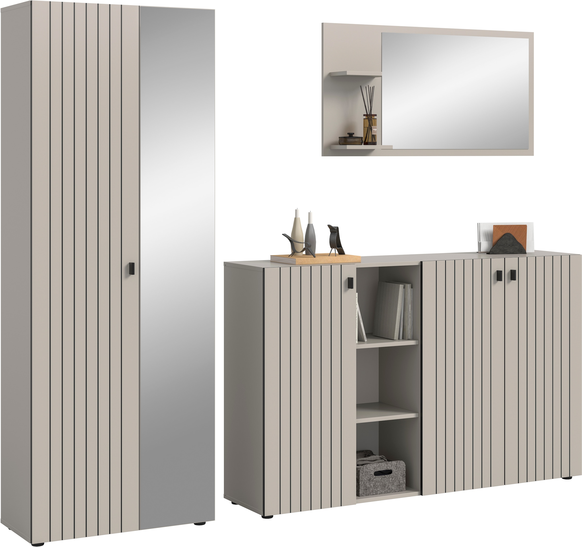 Home affaire Ensemble de vestiaires »TATIO, 3-tlg. Garderobenkombination, Breite: 235 cm, Rillenfräsung« Set, Set, best. aus: 1 Garderobenschrank, 1 Garderobenspiegel, Schuhkommode, 3 cuis tlg.