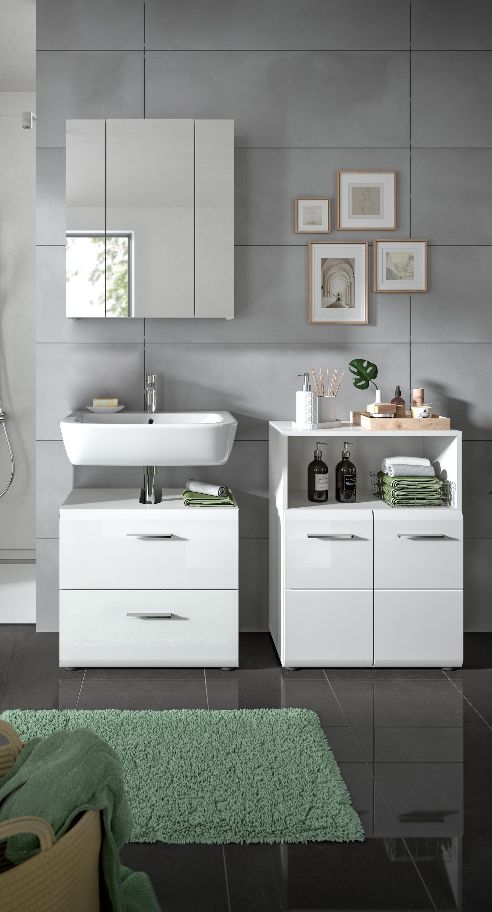 welltime Badmöbel-Set »FLORENZ, TOPSELLER!, 3-teilige Badkombination, hochwertige MDF-Front« Set, best. aus: Waschbeckenunterschrank, Spiegelschrank, Midischrank breit, 