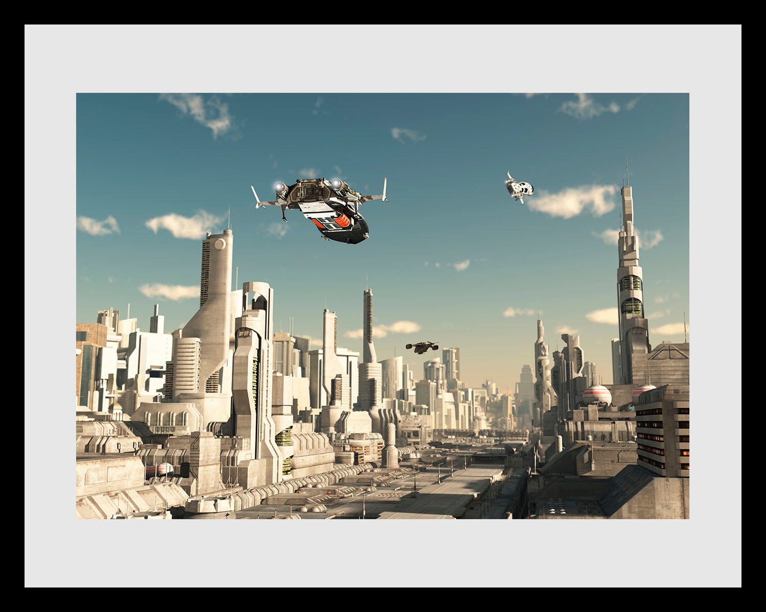 queence Bild »FUTURAMA« Film | Flugzeuge | Himmel | Stadt | Städte 1 Stk. tlg. HD Premium Poster-Druck inkl. Holzrahmen