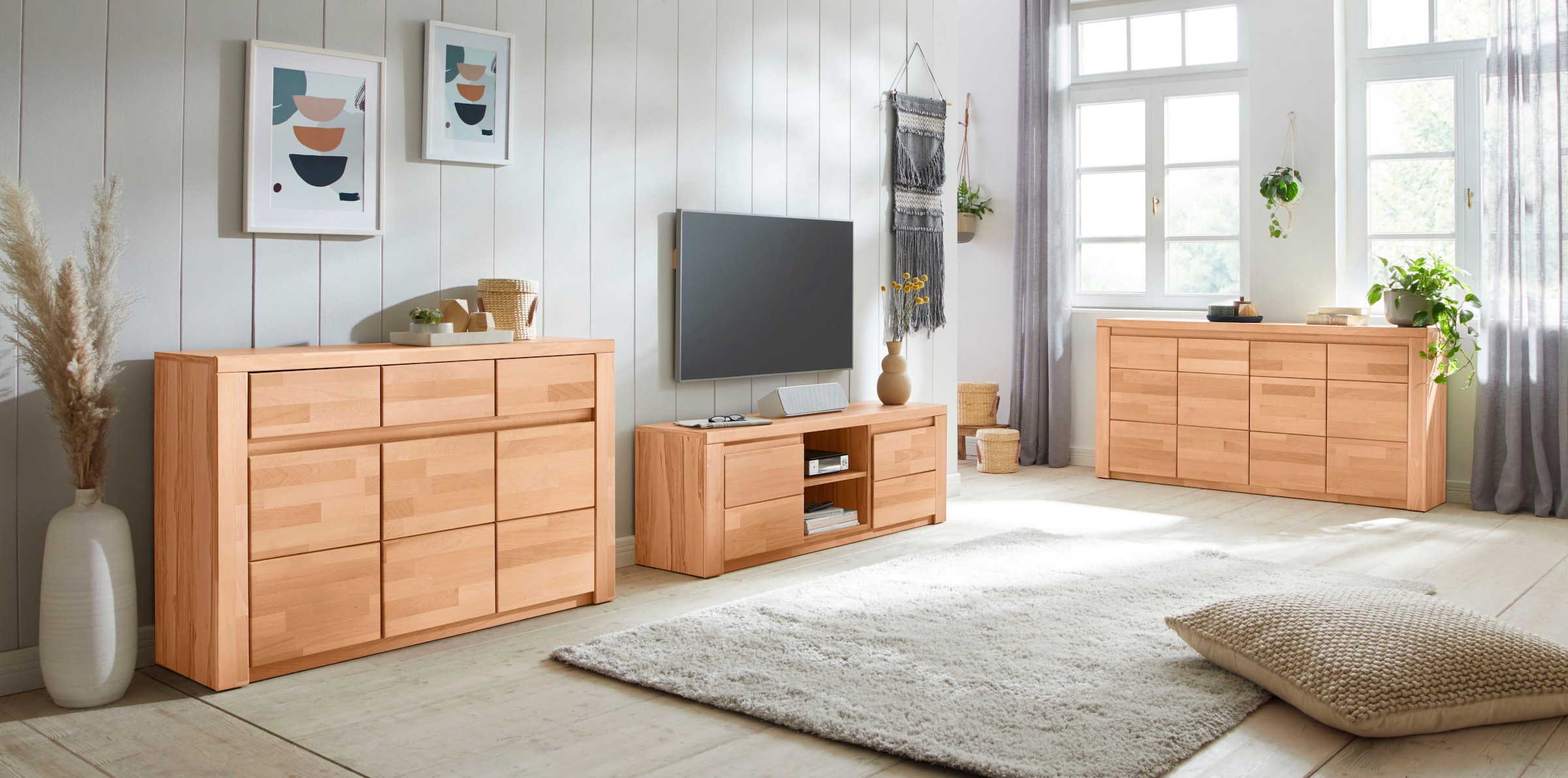 Home affaire Sideboard »Burano,127cm breit, Fronten Massivholz,3 Türen,3 Schubladen,6 Fächer« Holz massiv,Holzwerkstoff,Griffmulden,Böden variabel einsetzbar