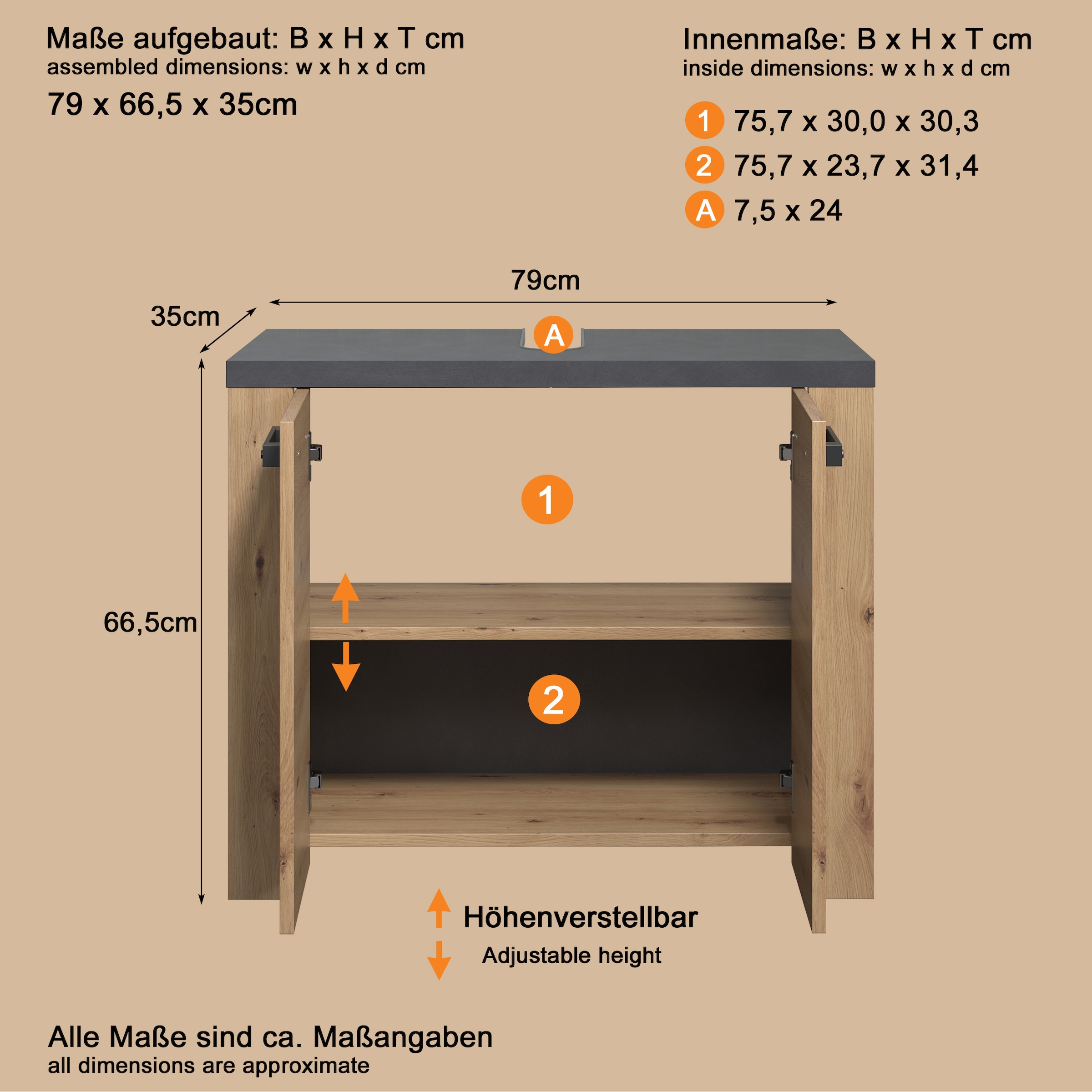 welltime Waschbeckenunterschrank »Ambres« Waschbeckenunterschrank mit 2 Türen - (B/T/H) 79/35/67 cm