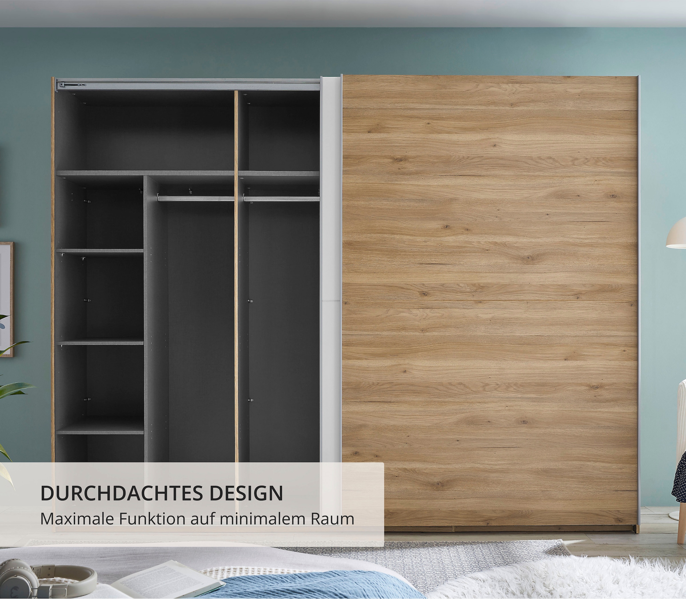 Schlafkontor Armoire à portes coulissantes »Mesio, 2-türiger Kleiderschrank, Schiebetürenschrank mit viel Stauraum« inklusive Hoteleinteilungen aussen und Einlegeböden oben