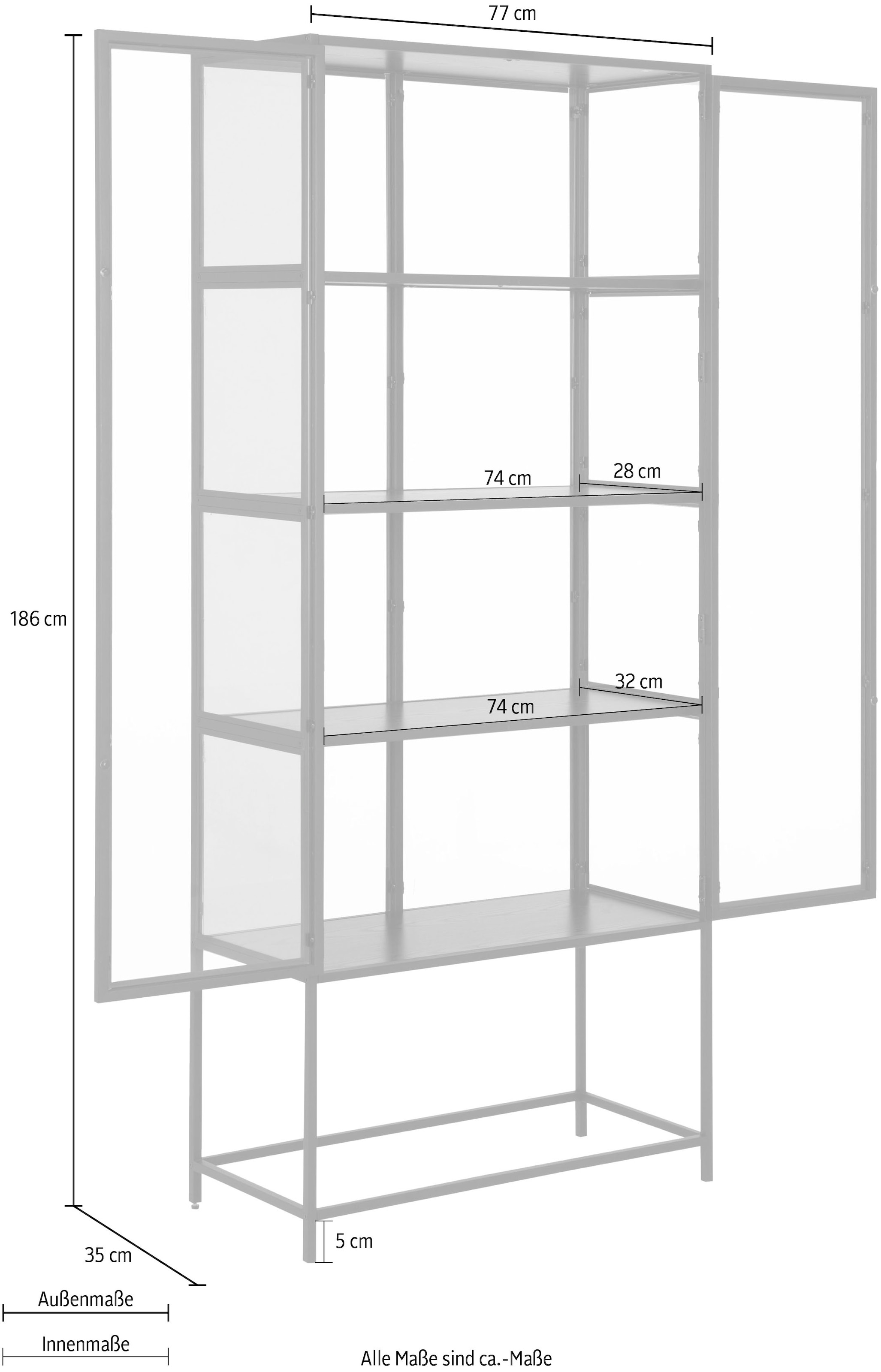 ACTONA GROUP Glasvitrine mit Glastüren und Metallrahmen, 4 Einlegeböden, B: 77 x H: 185,6 cm