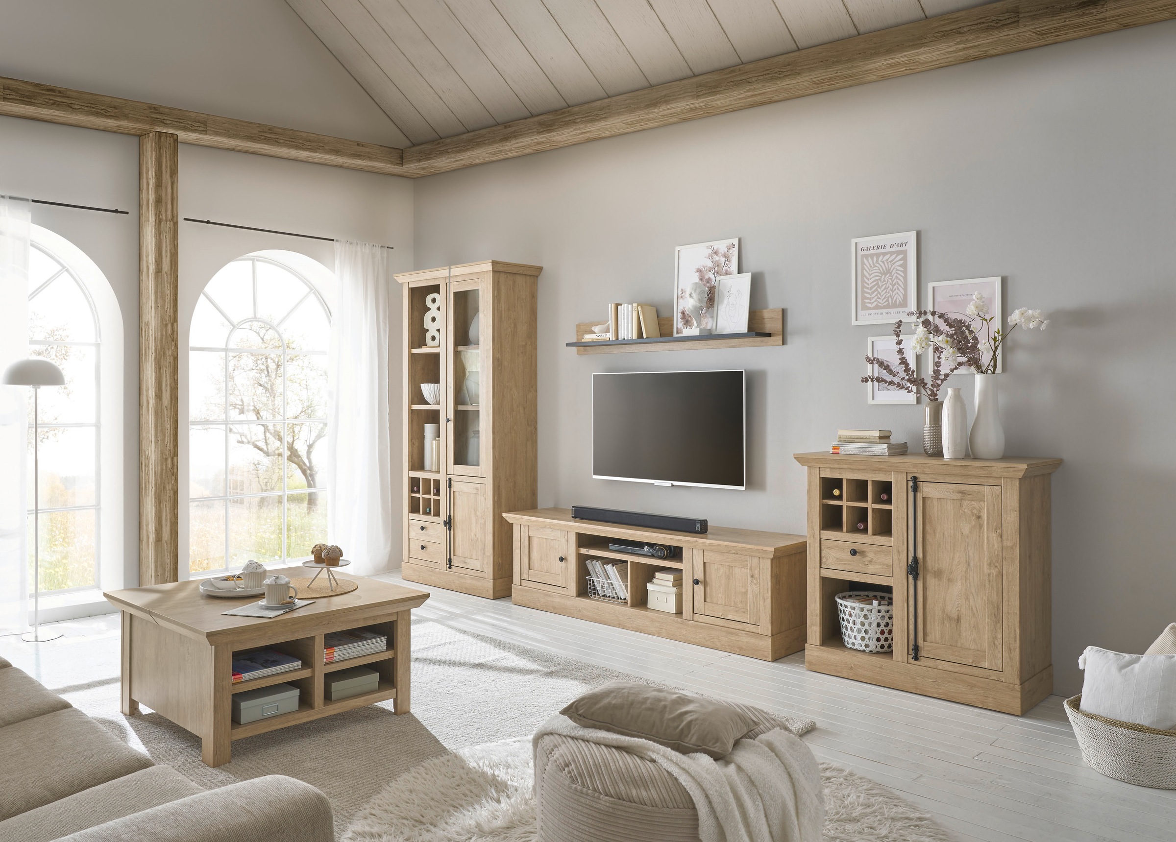 Home affaire Meuble mural »Cornwall, Anbauwand im Landhausstil, Wohnzimmer-Set, Eiche Dekor« Set, 4 cuis tlg.