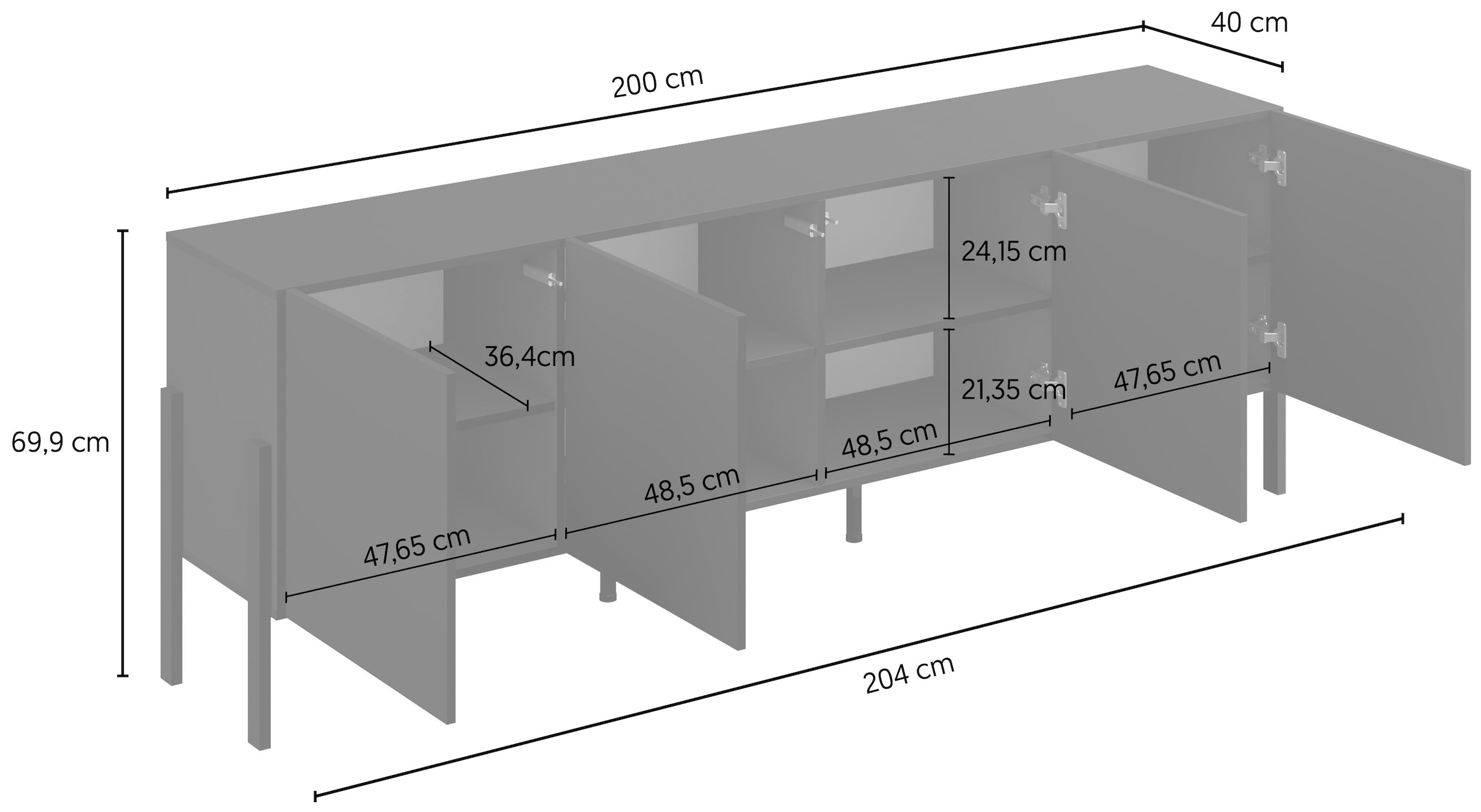 GOODproduct Kommode »Jukon,Breite 200 cm, moderne grifflose Kommode,4 Türen« Sideboard, Anrichte viel Stauraum, push-to-open-Funktion