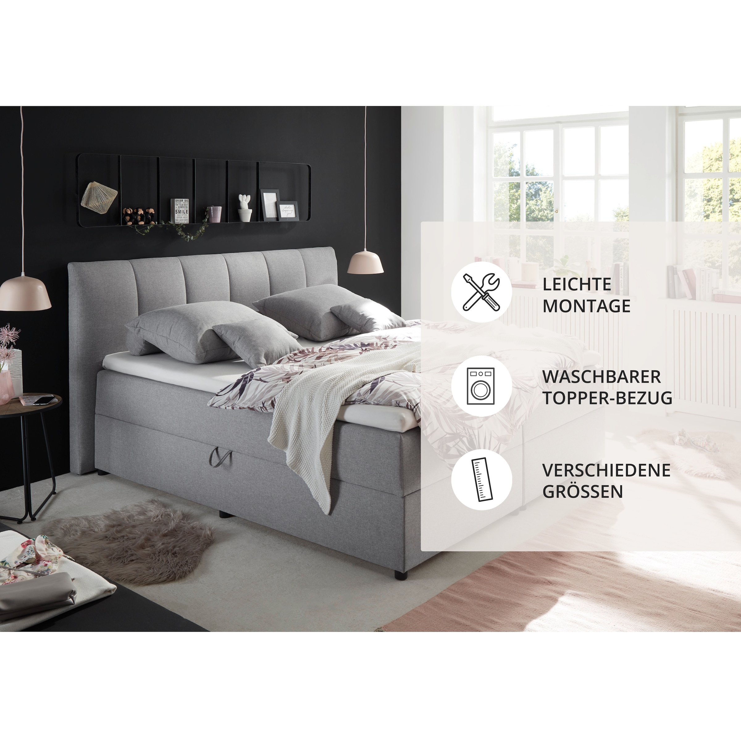 ED EXCITING DESIGN Boxbett »GRANADA, Polsterbett mit Bettkasten und Taschenfederkernmatratze H3« mit Komfortschaum-Topper, Webstoff-Bezug, Liegefläche 180x200cm