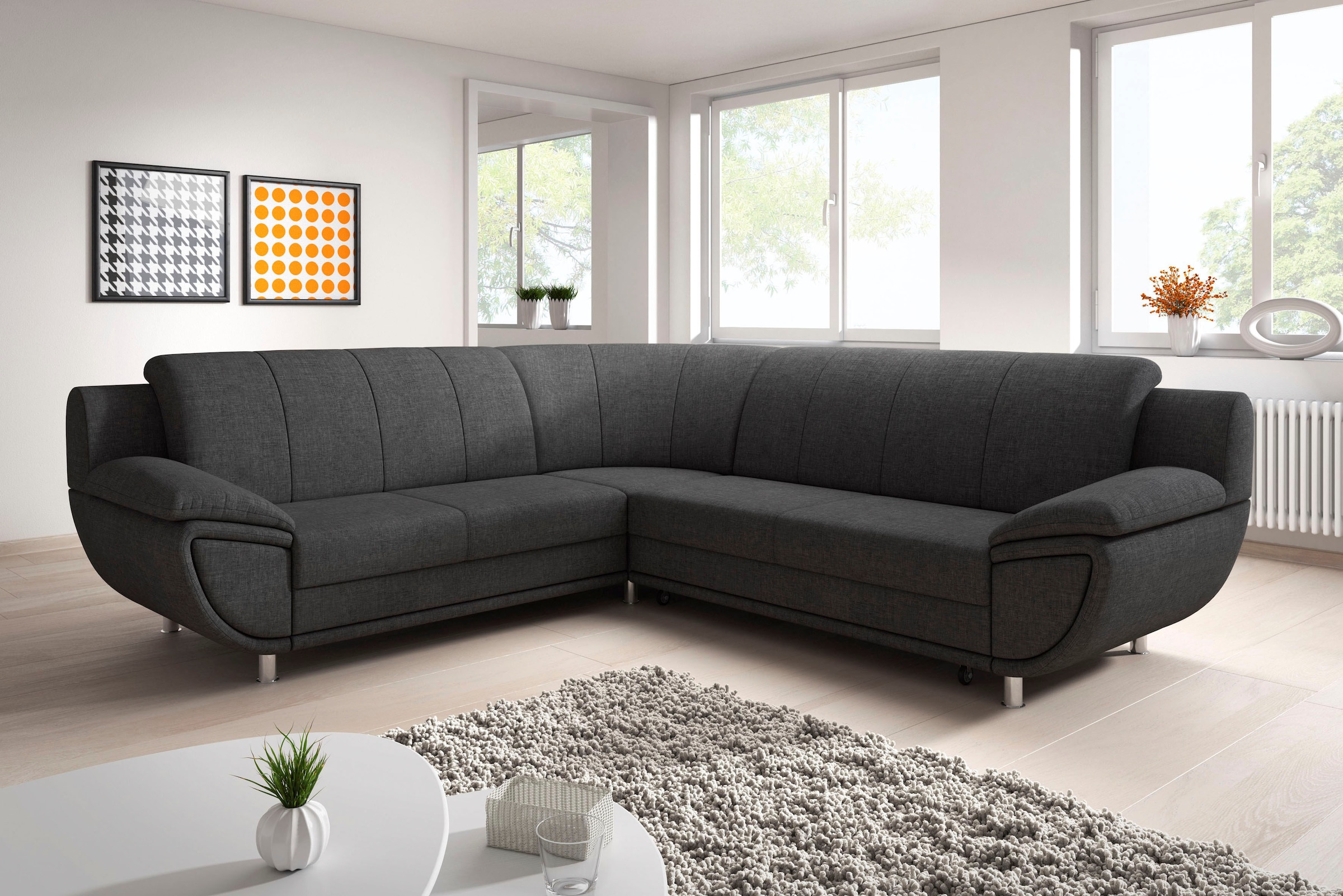 TRENDMANUFAKTUR Canapé d'angle »Rondo II, zeitlos & elegant, bequeme Armlehnen, L-Form« au choix avec ressorts ensachés, au choix avec fonction lit, L/P 247/267cm