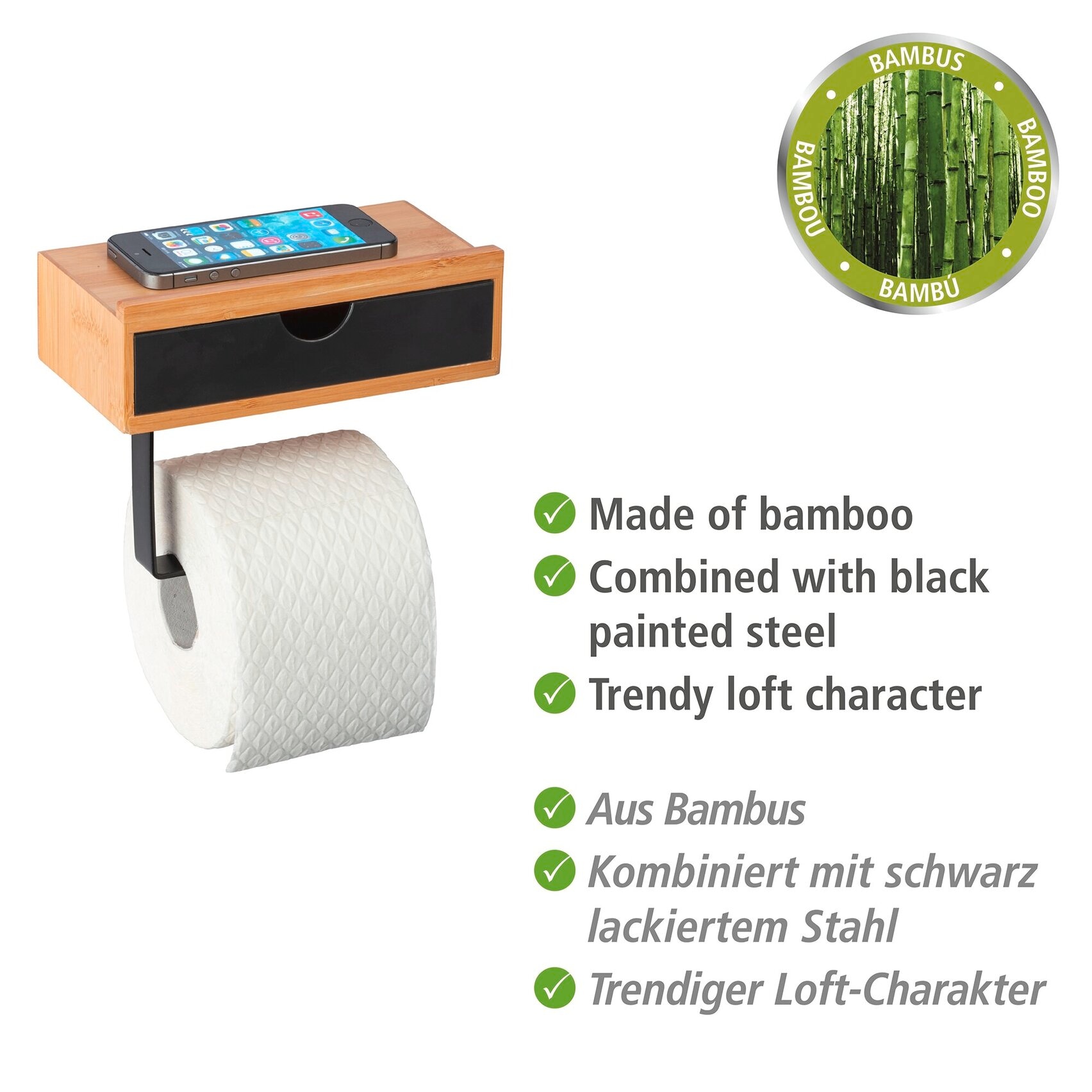 WENKO Support de papier toilette »Bambusa« avec tiroir, en bambou