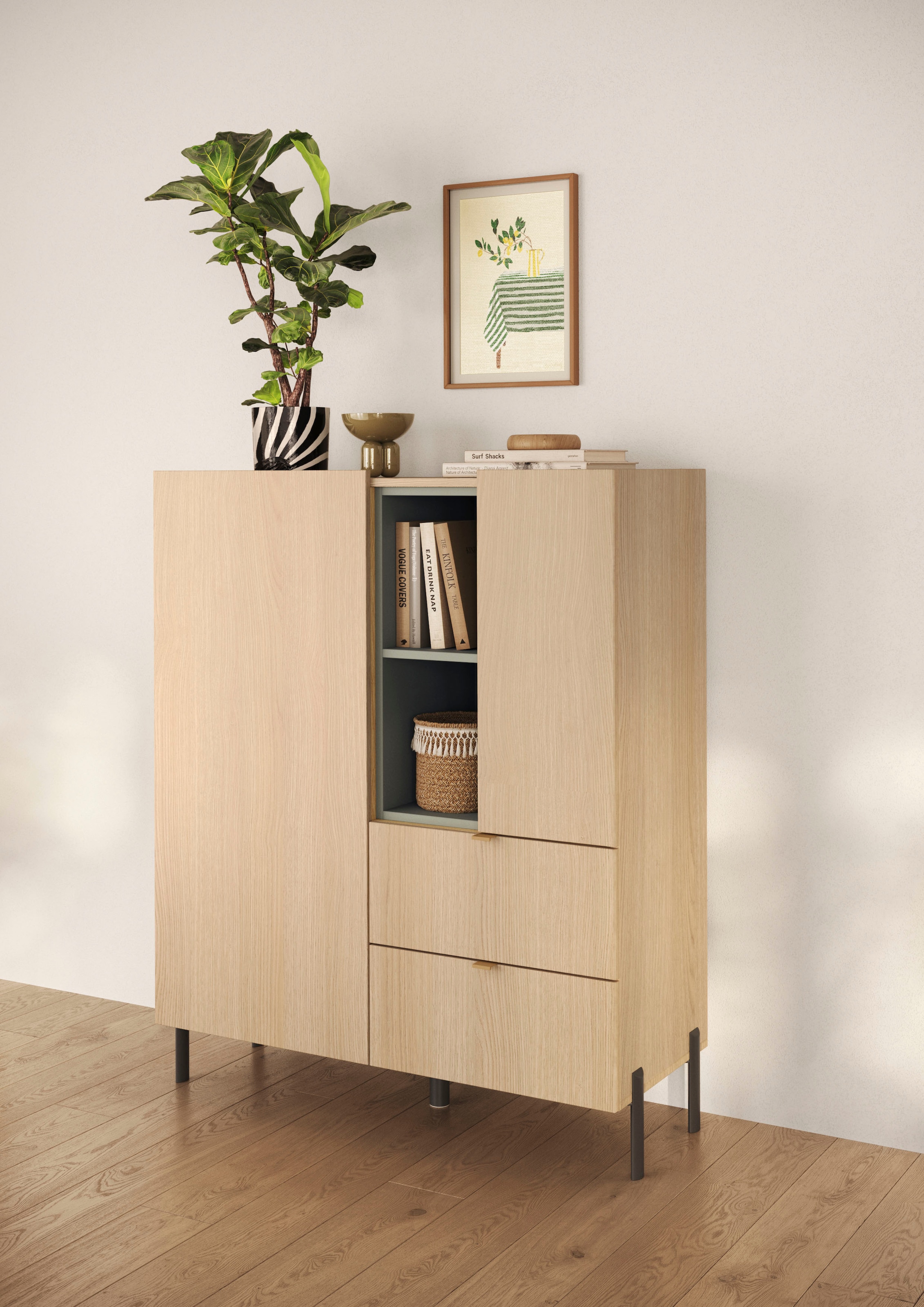 GOODproduct Buffet haut »Badia, B/H 101/124 cm, 2 Türen, 2 Schubkästen, Stauraumschrank« Top intégré, pieds métalliques droits, accents de couleur sauge
