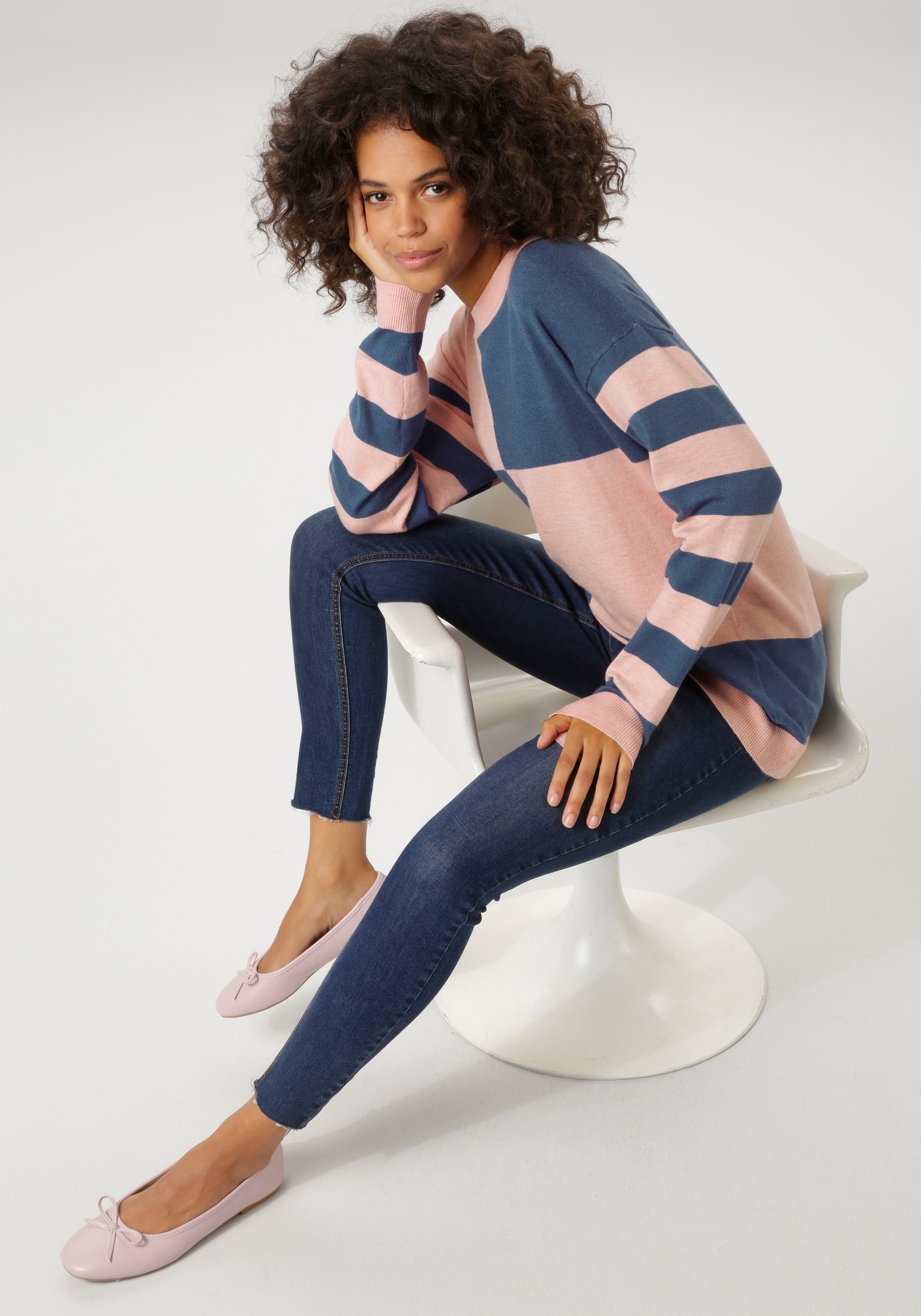 Aniston CASUAL Strickpullover mit grossflächigem Patchmuster und geringelten Ärmeln - NEUE KOLLEKTION