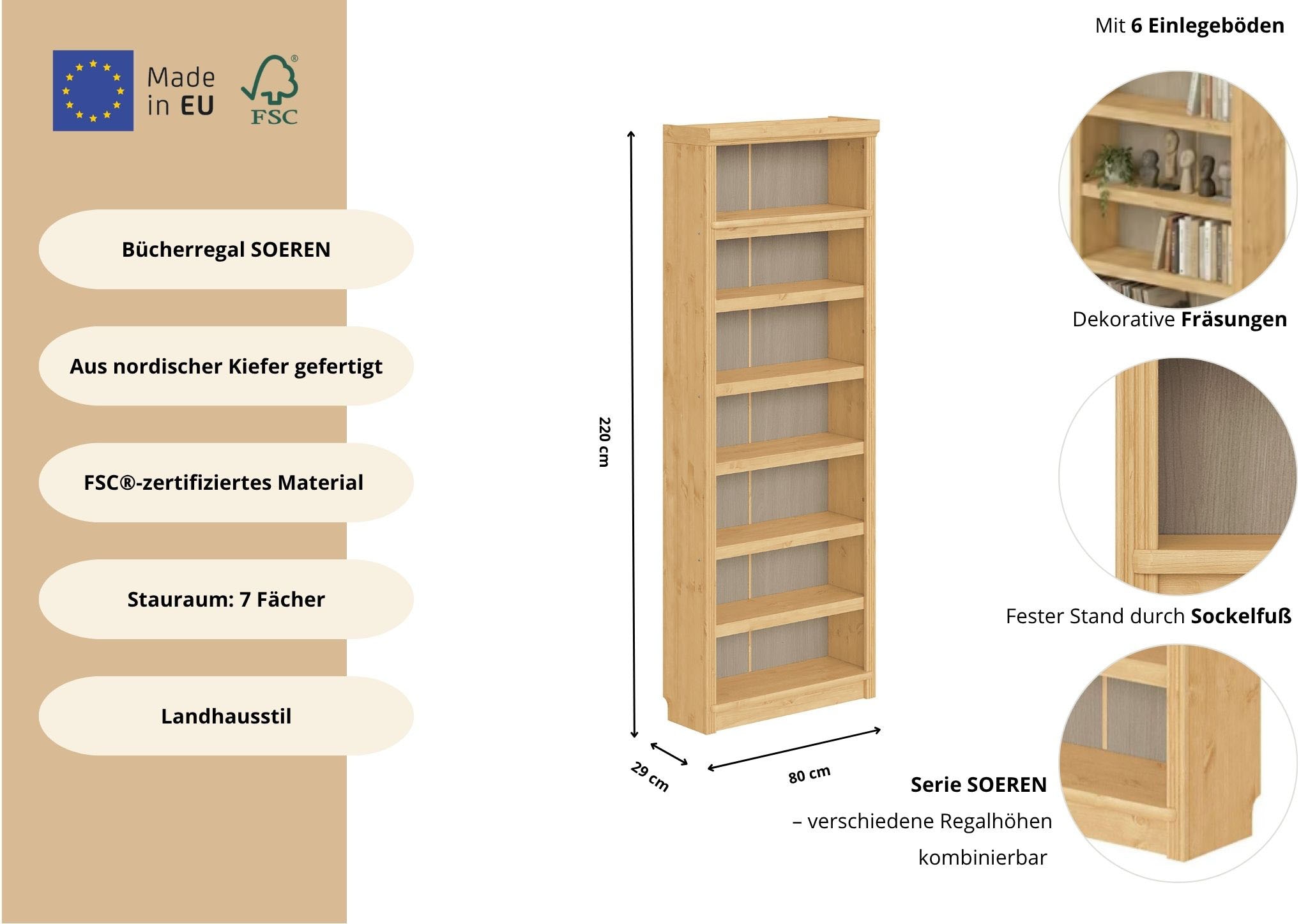 GOODproduct Bücherregal »Soeren Regal B/T/H: 80/29/220 cm« 7 offene Fächer, massive Kiefer, FSC®-zertifiziert