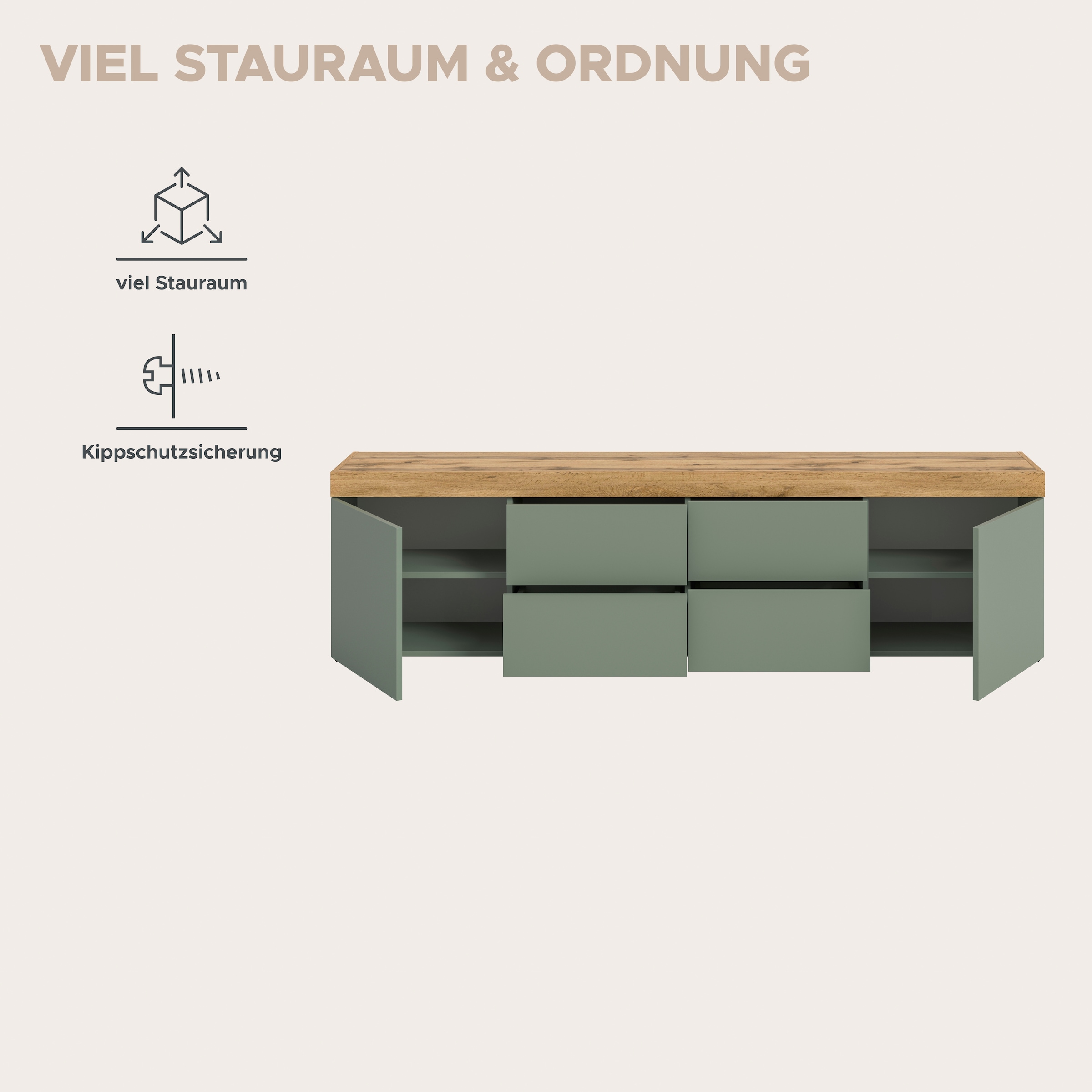 GOODproduct Table basse »MAMBO, TOPSELLER!, Breite 200 cm, 2 Türen, 4 Schubkästen, 4 Fächer« 1 cuis tlg. Lowboard, meuble TV bas, meuble TV, salon