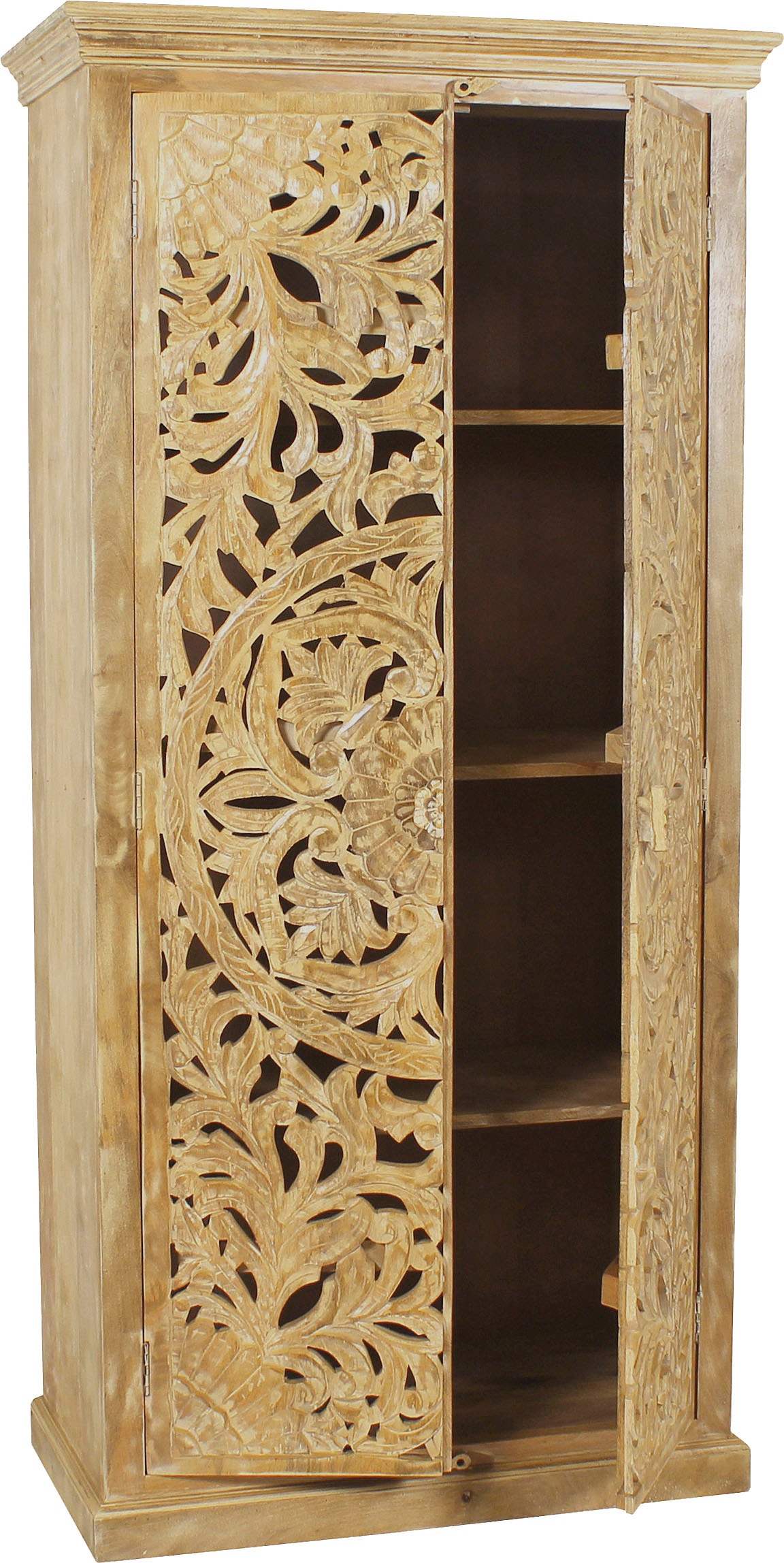SIT Armoire vestiaire »Pollença aus Mangoholz mit 2 Türen und Schnitzereien« Sculptures orientales élaborées avec 3 étagères insérées
