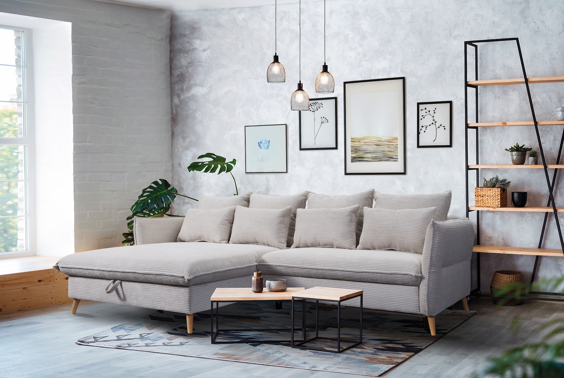 exxpo - sofa fashion Ecksofa »WALPY, elegant & modern, bequem, schmale Armlehnen, Breite 274cm« L-Form, wahlweise mit Bettfunktion und Bettkasten, in Cord