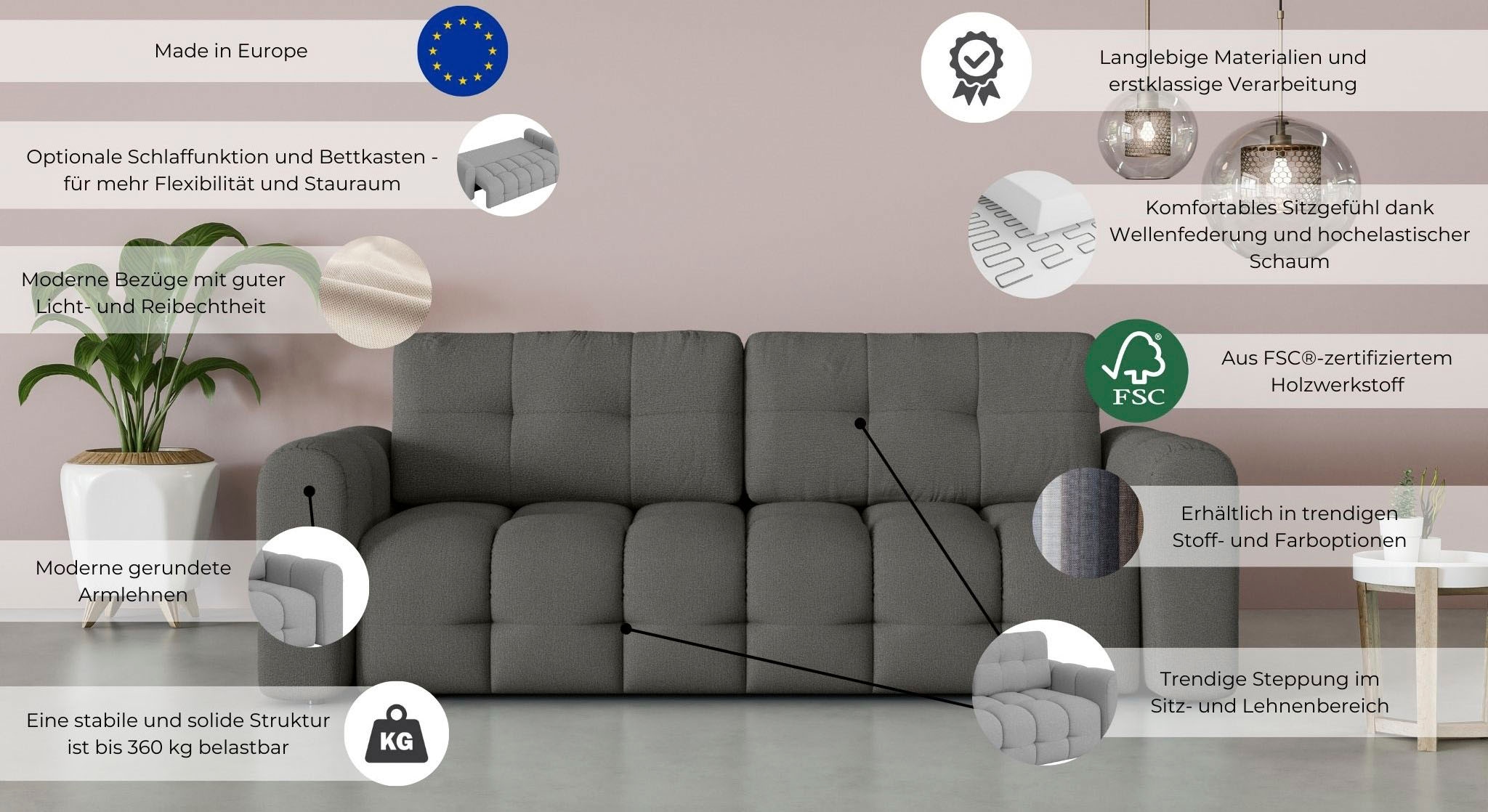 GOODproduct 3-places »Manilla, wahlweise mit Bettfunktion, B/T/H 265/117/91 cm« mit Wellenunterfederung, in verschiedenen Materialien und Farben