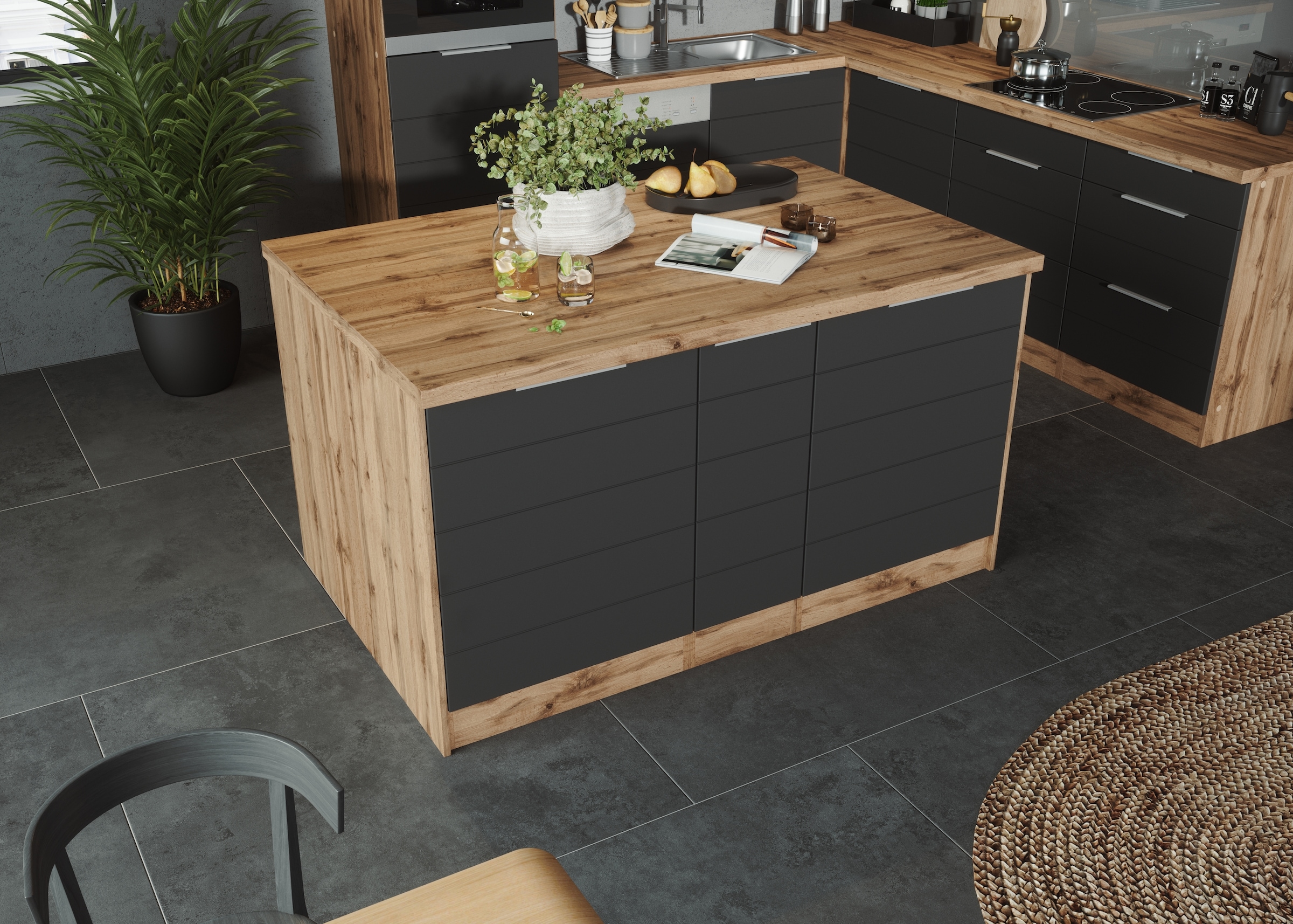 KOCHSTATION Ilot de cuisine »KS-Luhe, Breite 153 cm, mit Flaschenregal« façades MDF, plan de travail épaisseur 38mm