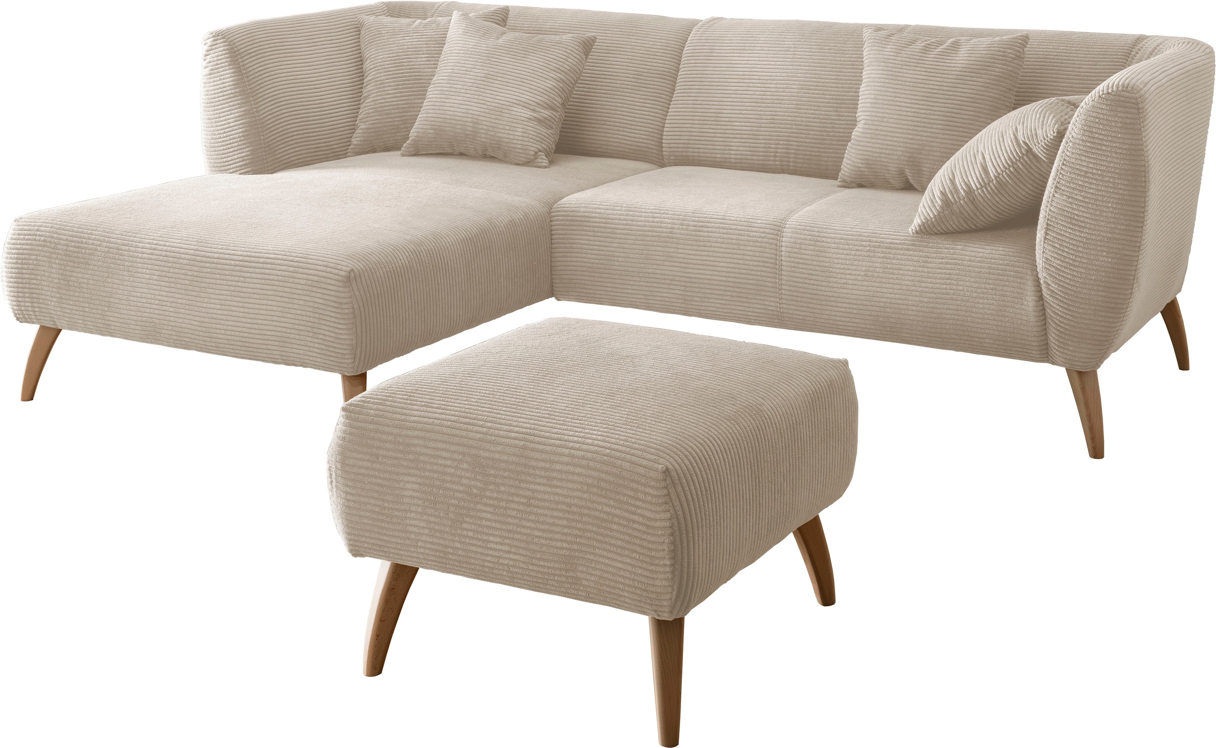 Home affaire Canapé d'angle »Colori Polstermöbel mit zeitlos eleganter Rückenführung. L-Form« Holzfussfarbe wählbar, inkl. 4x Zierkissen