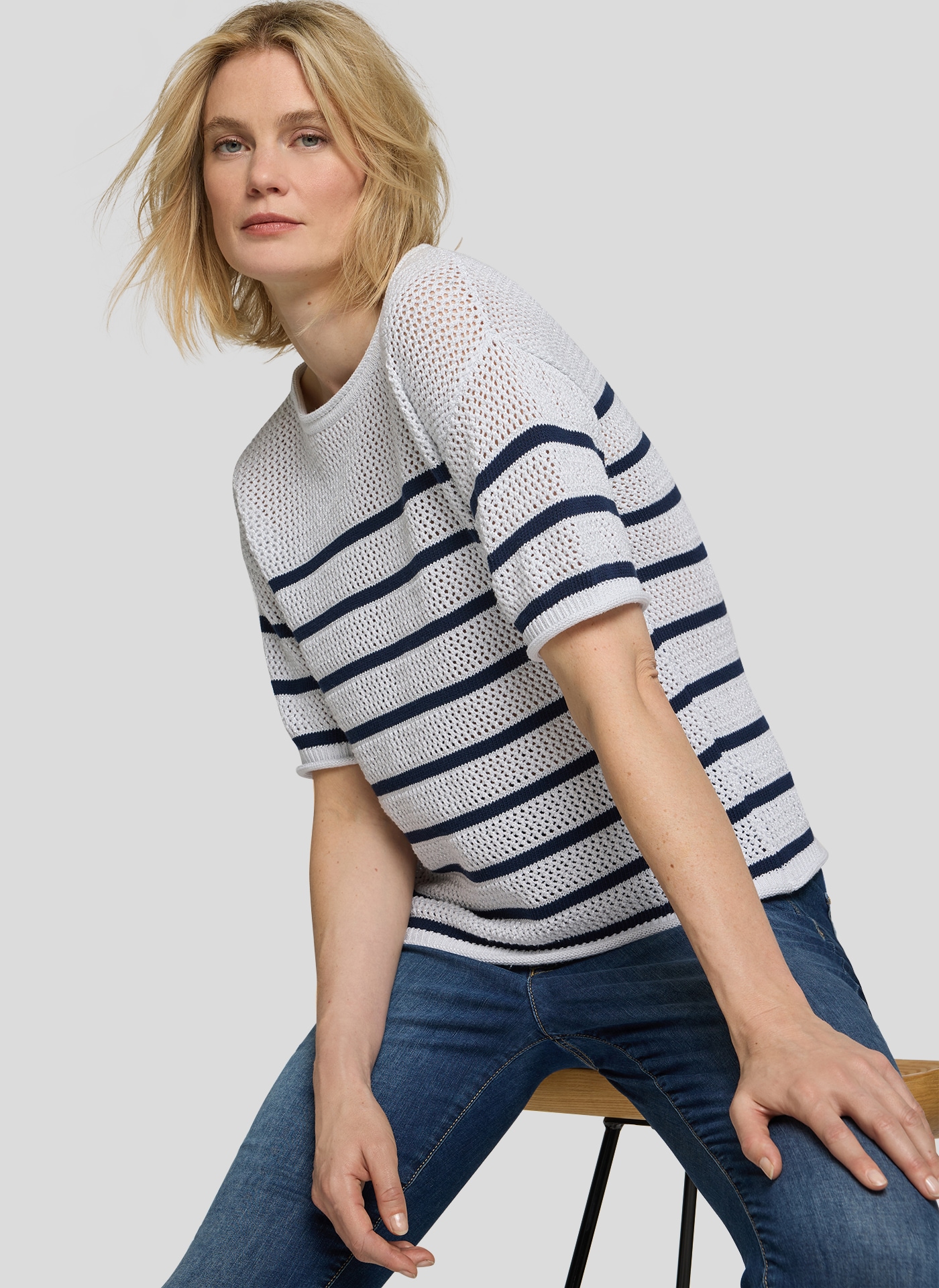 Rabe Pull en tricot Halbarm-Strickpullover mit Streifen und im Häkel-Look