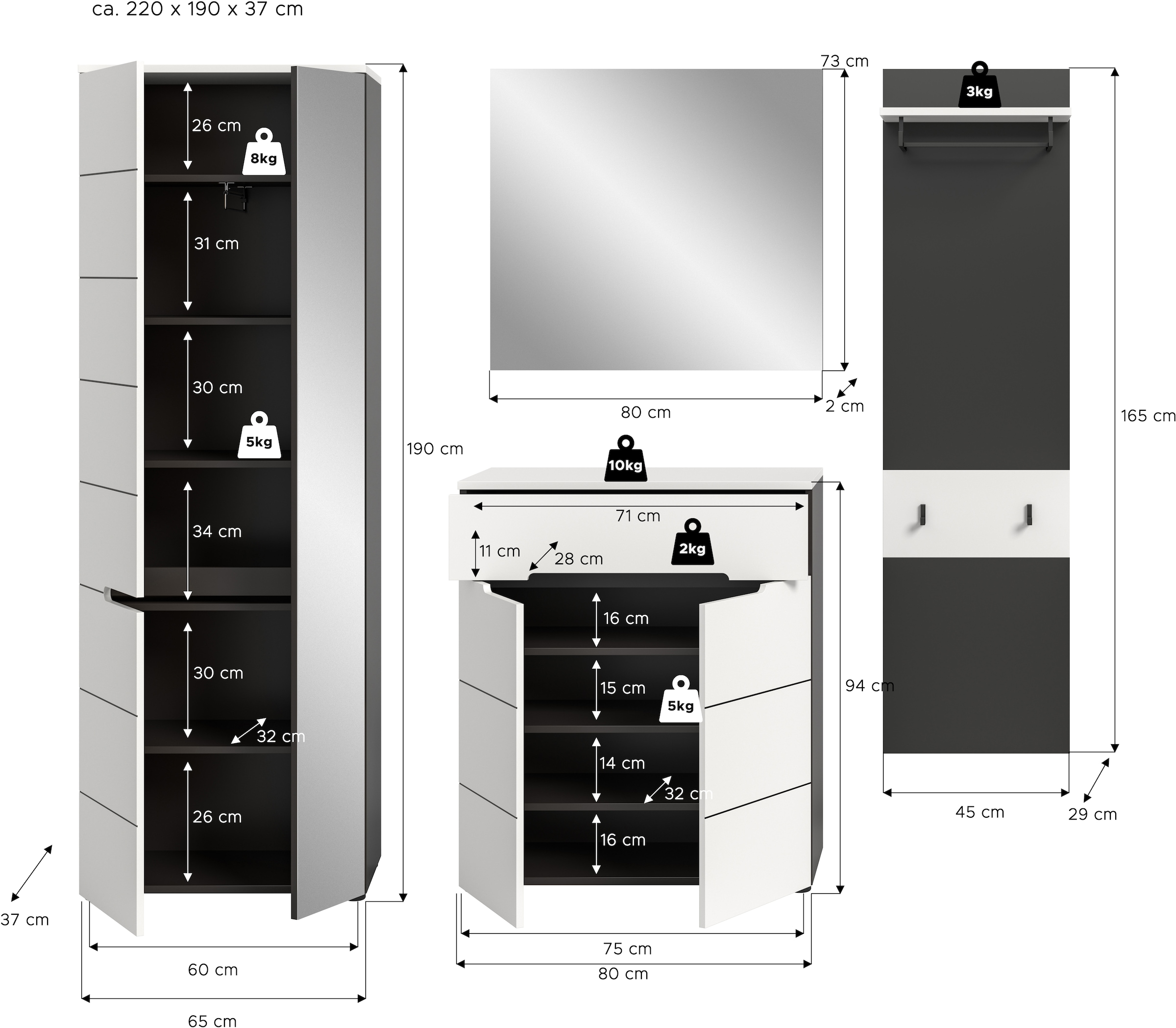 Home affaire Ensemble de vestiaires »REHAT, TOPSELLER!, 4-teilig, Breite 220 cm, individuell erweiterbar« Set, bestehend aus: Garderobenschrank, Kommode, Spiegel & Garderobenpaneel, 4 cuis tlg.