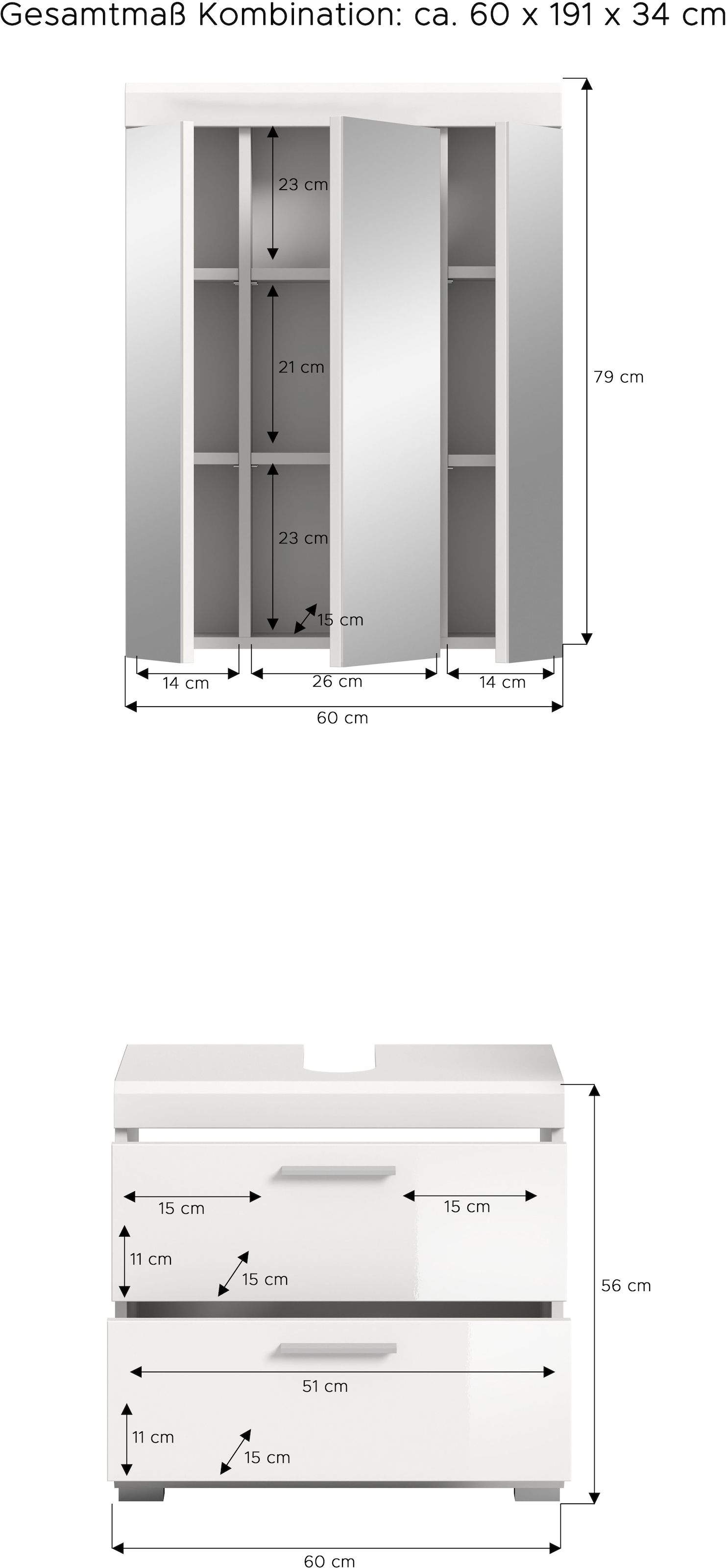 welltime Ensemble de meubles de salle de bain »Siena, 2 tlg., bestehend aus: Waschbeckenunterschrank, Spiegelschrank« Set, TOPSELLER!, 2 cuis tlg.