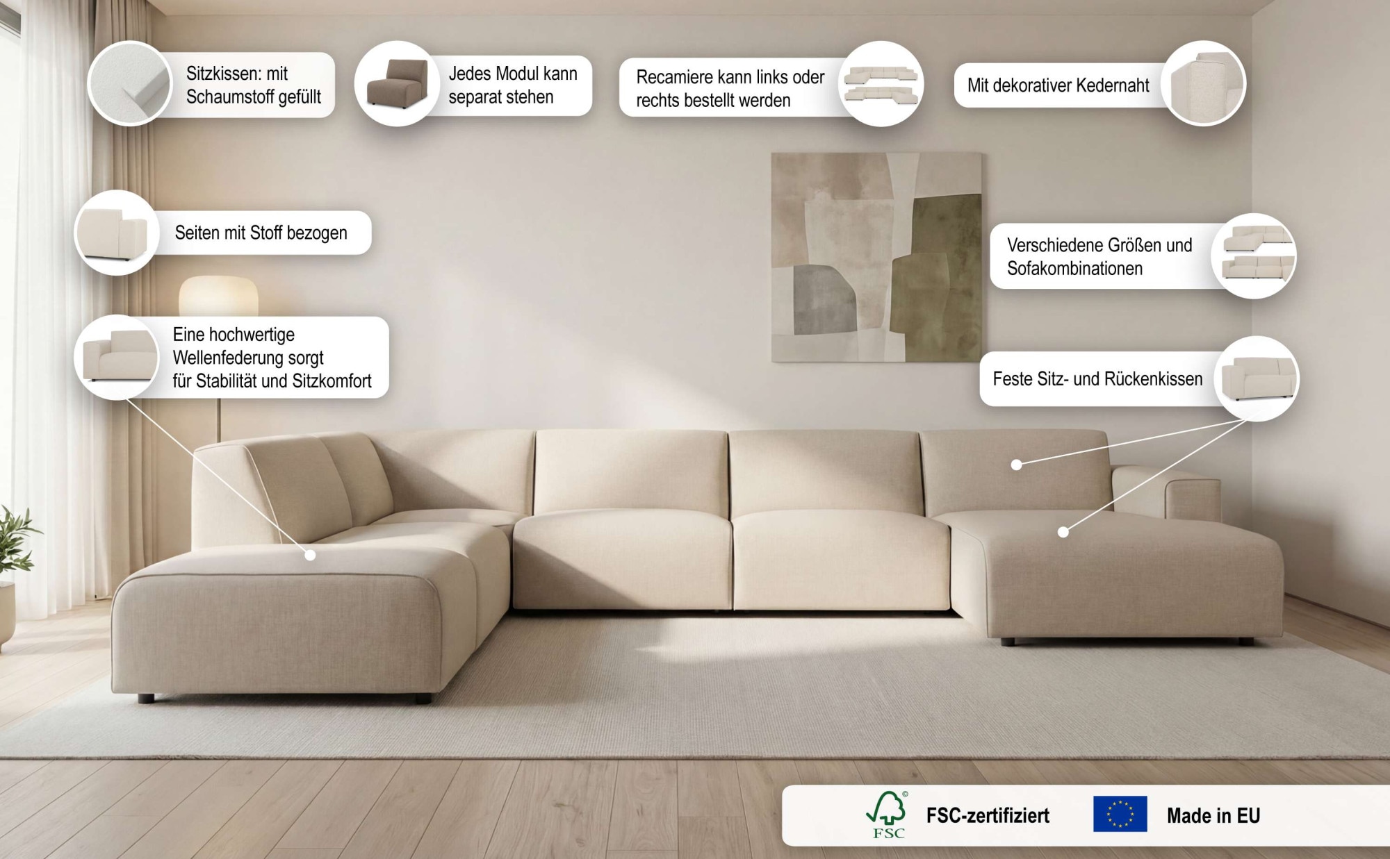 GOODproduct Paysage de salon »Naddine« L. 389 cm, forme en U, tissu structuré effet mélange, suspension ondulée