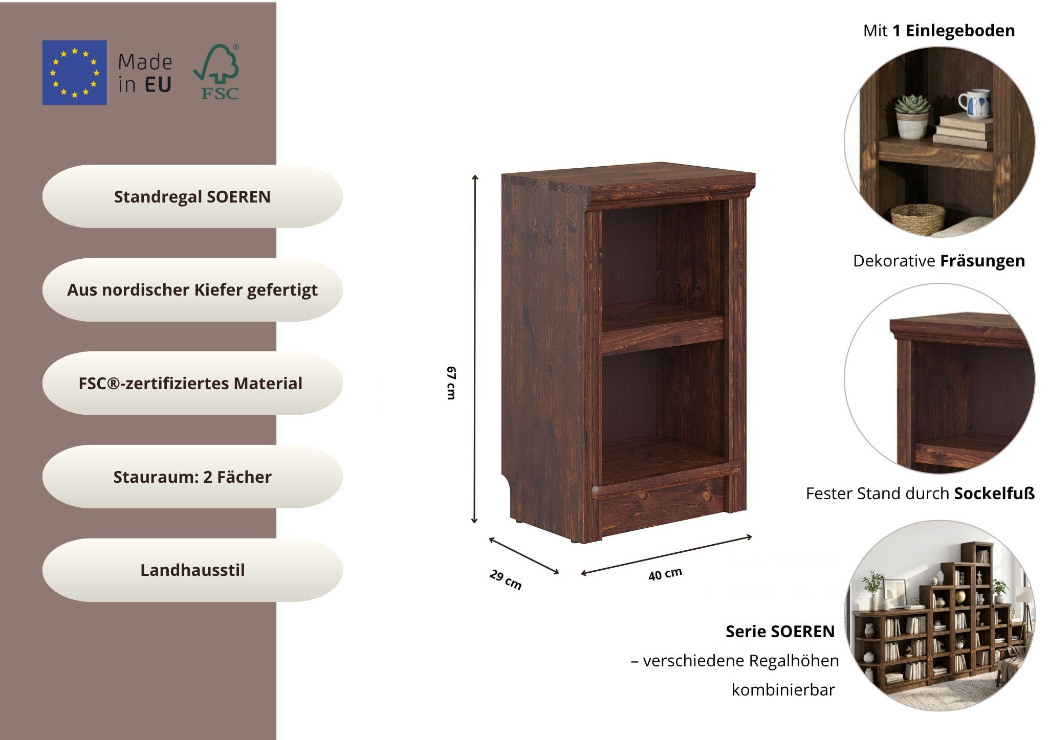 GOODproduct Étagère sur pied »Riga Bücherregal Regal Breite/Tiefe 40/29 cm« aus massiver Kiefer, FSC®-zertifiziert