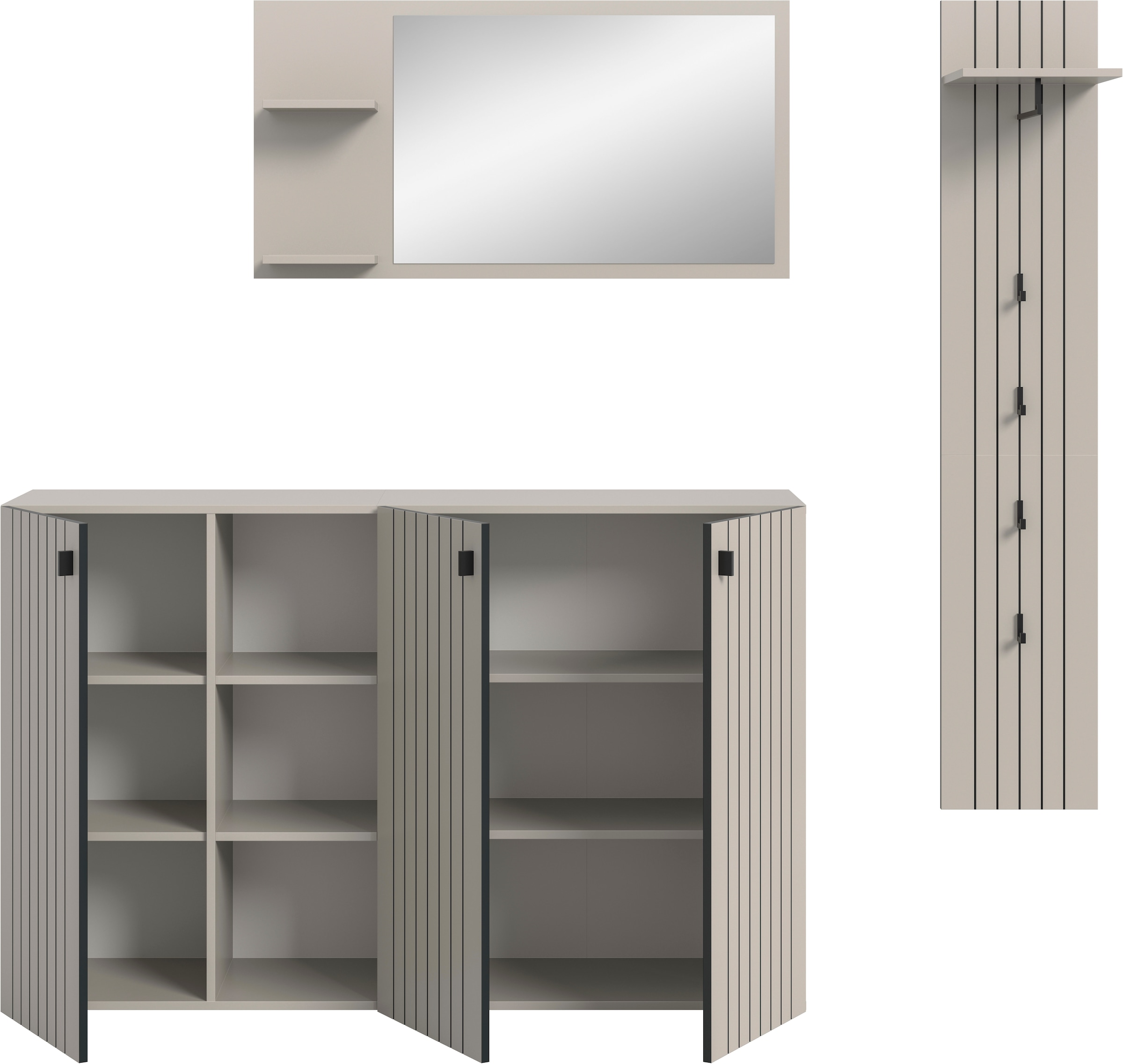 Home affaire Ensemble de vestiaires »TATIO, 3-tlg. Garderobenkombination, Breite: 201 cm, Rillenfräsung« Set, Set, best. aus: 1 Spiegel, 1 Garderobenpaneel, 1 Schuhkommode, 3 cuis tlg.