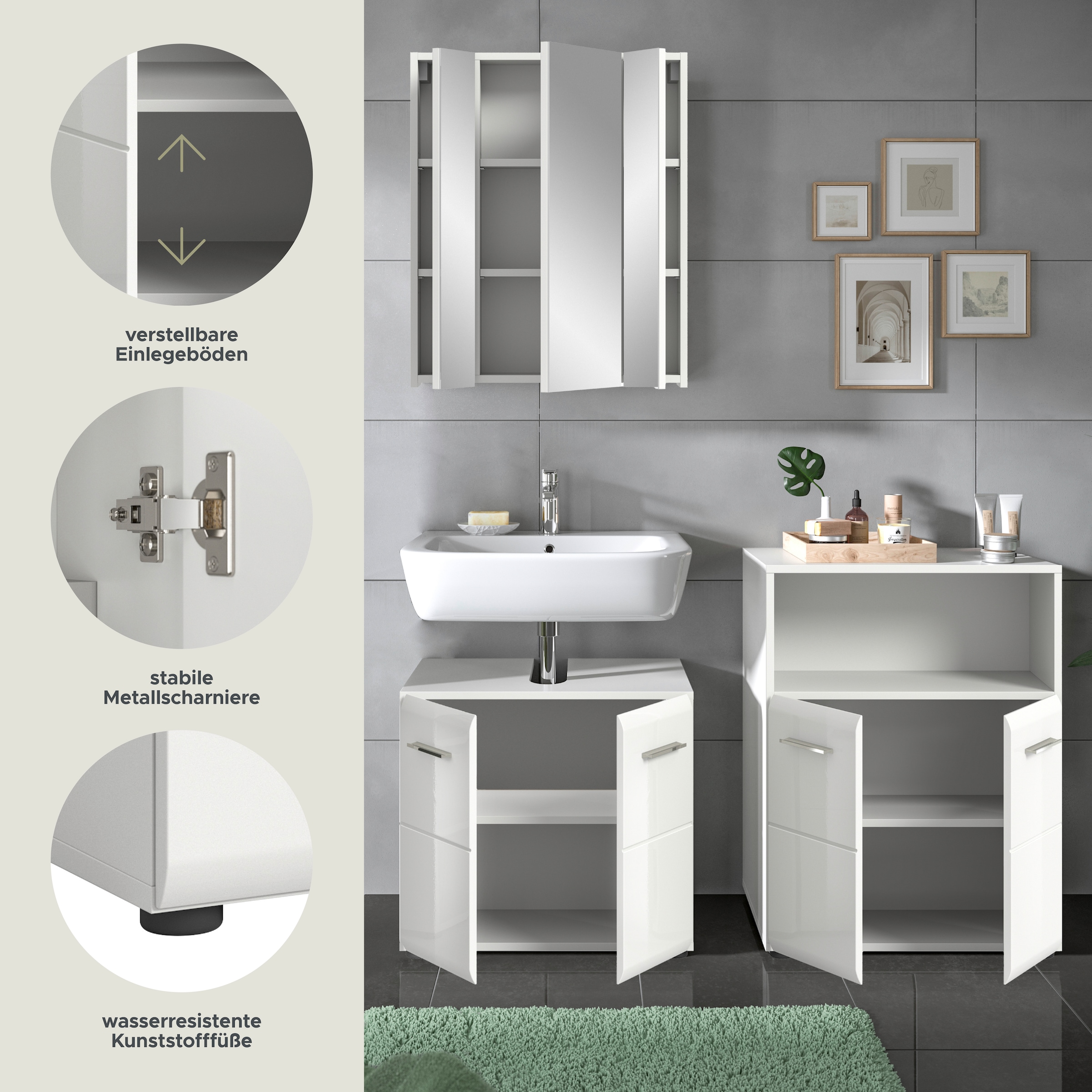 INOSIGN Ensemble de meubles de salle de bain »FLORENZ, TOPSELLER!, 3-teilige Badkombination, hochwertige MDF-Front« Set, best. aus: Waschbeckenunterschrank, Spiegelschrank, Midischrank breit, 