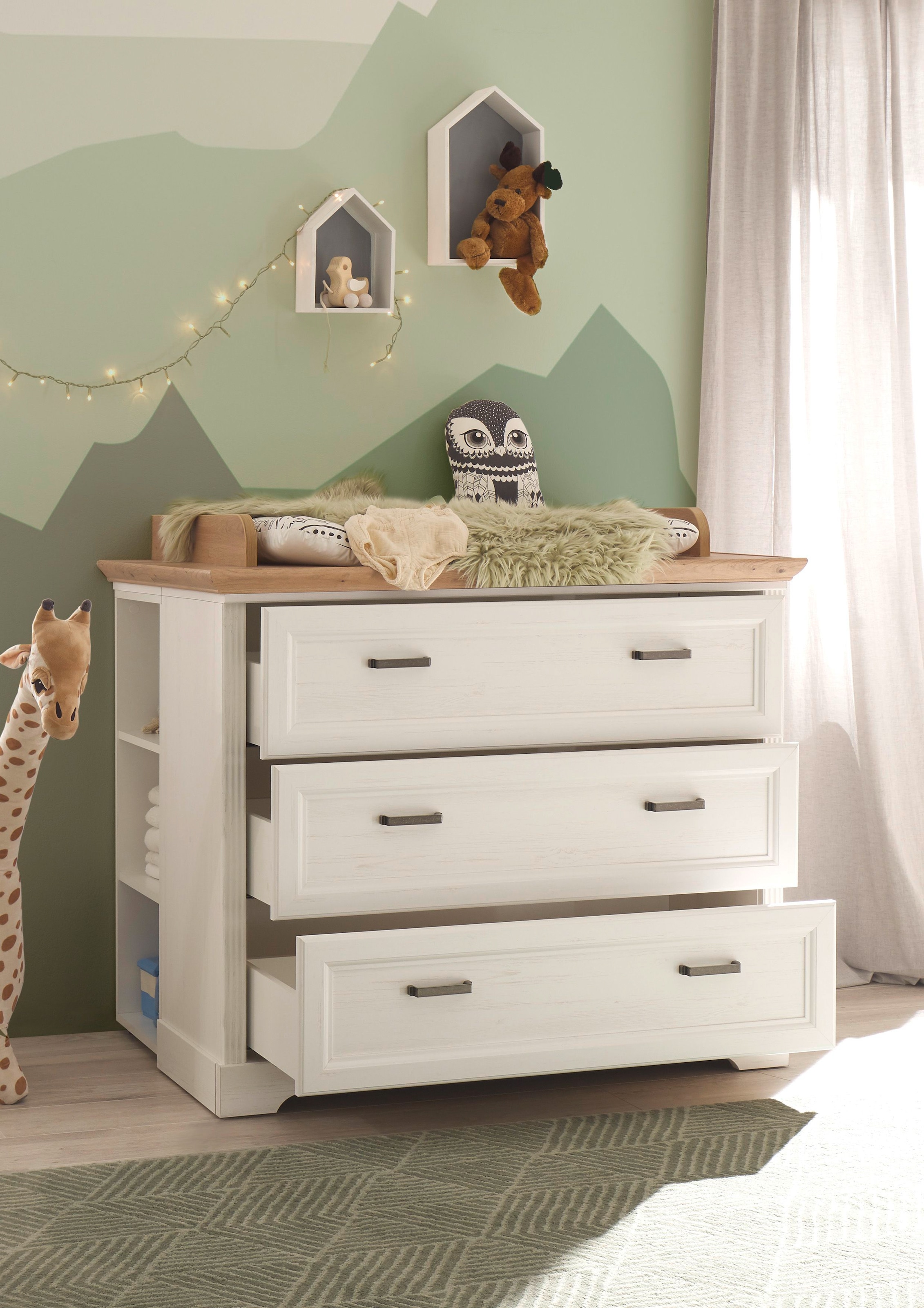 Begabino Commode à langer »Jasmin Kommode mit Wickelaufsatz« bis 15 kilos style campagne, commode avec 3 tiroirs 114 cm