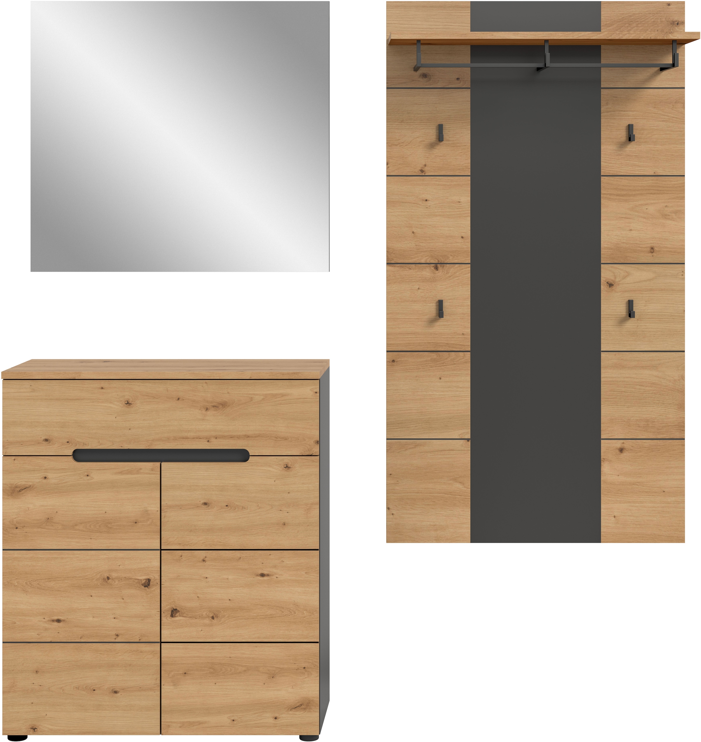 Home affaire Garderoben-Set »REHAT, TOPSELLER!, 3-teilig, Breite 175 cm, individuell erweiterbar« Set, bestehend aus: Kommode, Spiegel und Garderobenpaneel, 3 Stk. tlg.