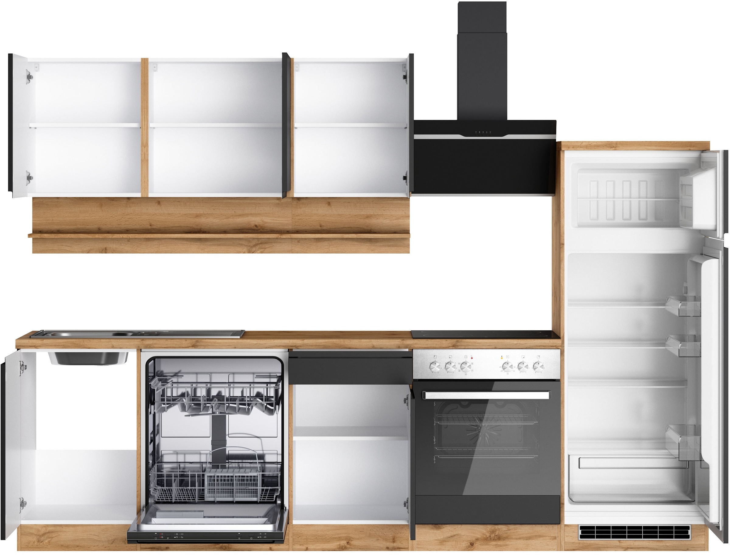 KOCHSTATION Kitchenette »KS-Virginia,neu in verbesserter Ausführung« plan de travail épaisseur 38 mm, rangement, fermeture douce,  Largeur 280 cm, fermeture douce, avec ou sans appareils électriques