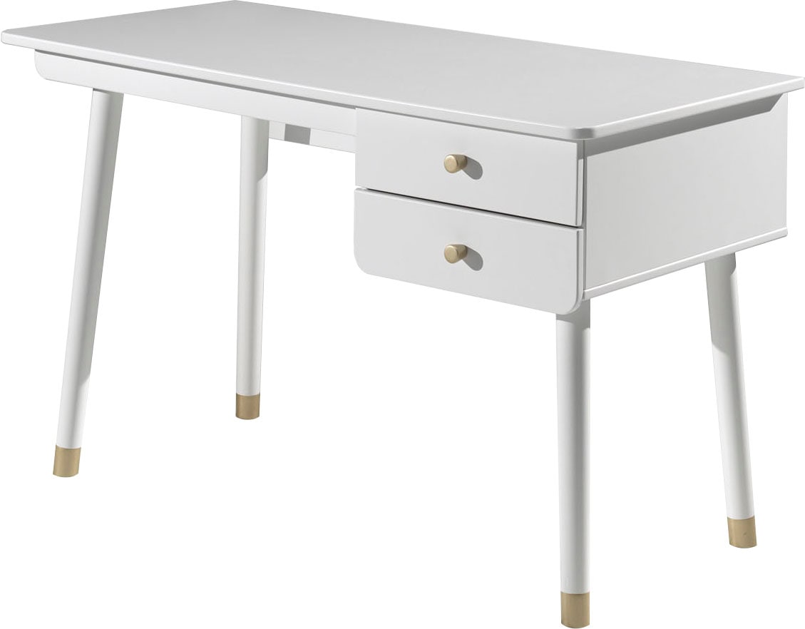Vipack Bureau pour enfant »Billy, mit grosser Arbeitsfläche und 2 Schubladen für Schreibutensilien« L/H/P env. 125x60x75,2 cm, look moderne avec façade de tiroir arrondie,  Boutons couleur or, corps en MDF laqué blanc