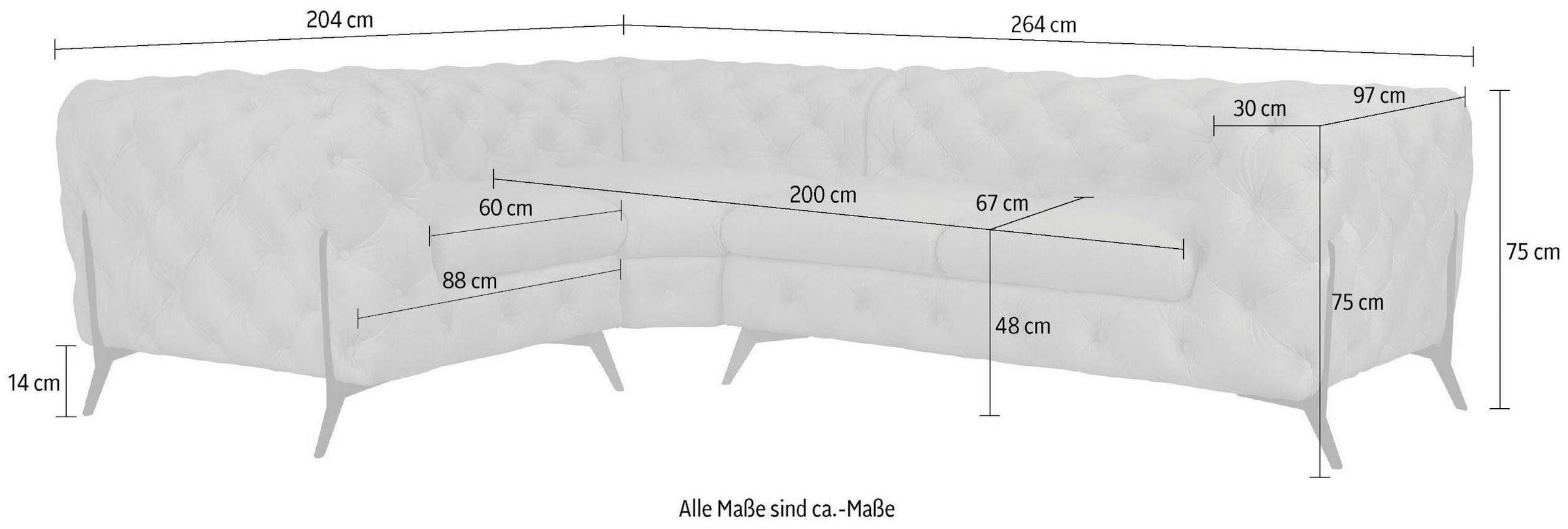 Home affaire Chesterfield-Sofa »Amaury L-Form« moderne Chersterfield-Optik, Breite 262 cm, Fussfarbe wählbar