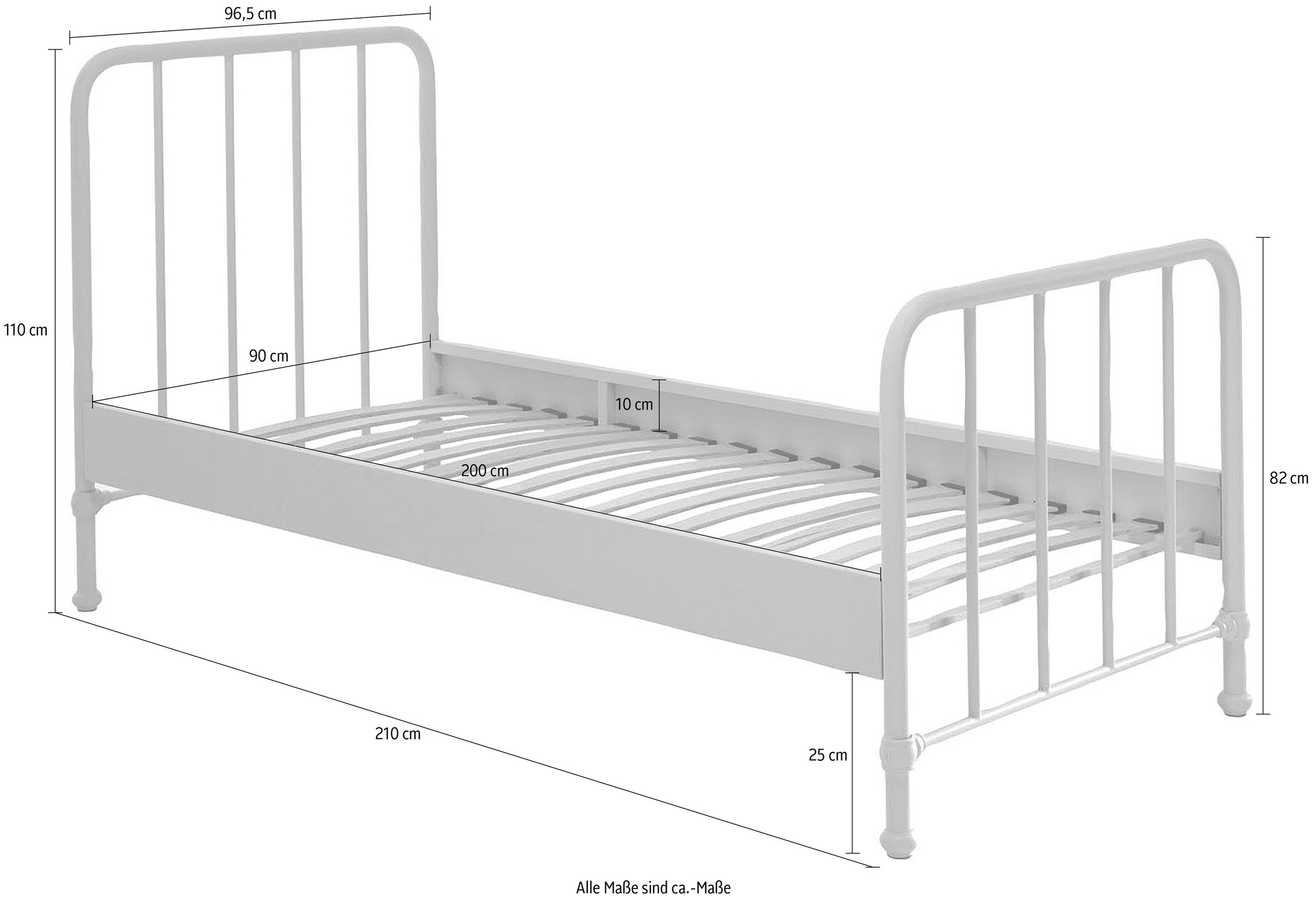 Vipack Jugendbett »Bronxx, Einzelbett 90/200, sehr stabil, romantische Optik« B/H/T ca. 96,5x110x206cm, inkl. Lattenrost, Bodenfreiheit,  Oberfläche pulverbeschichtet, verschiedene Farben zur Wahl