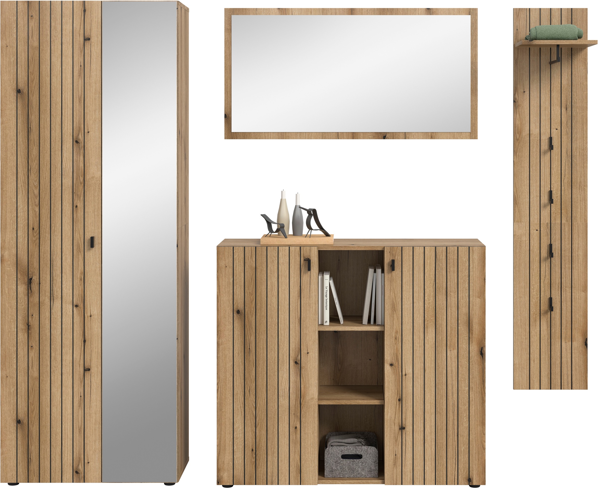 Home affaire Ensemble de vestiaires »TATIO, 4-tlg. Garderobenkombination, Breite: 237 cm, Rillenfräsung« Set, 1 Spiegel, 1 Garderobenschrank, 1 Schuhkommode, 1 Garderobenpaneel, 4 cuis tlg.
