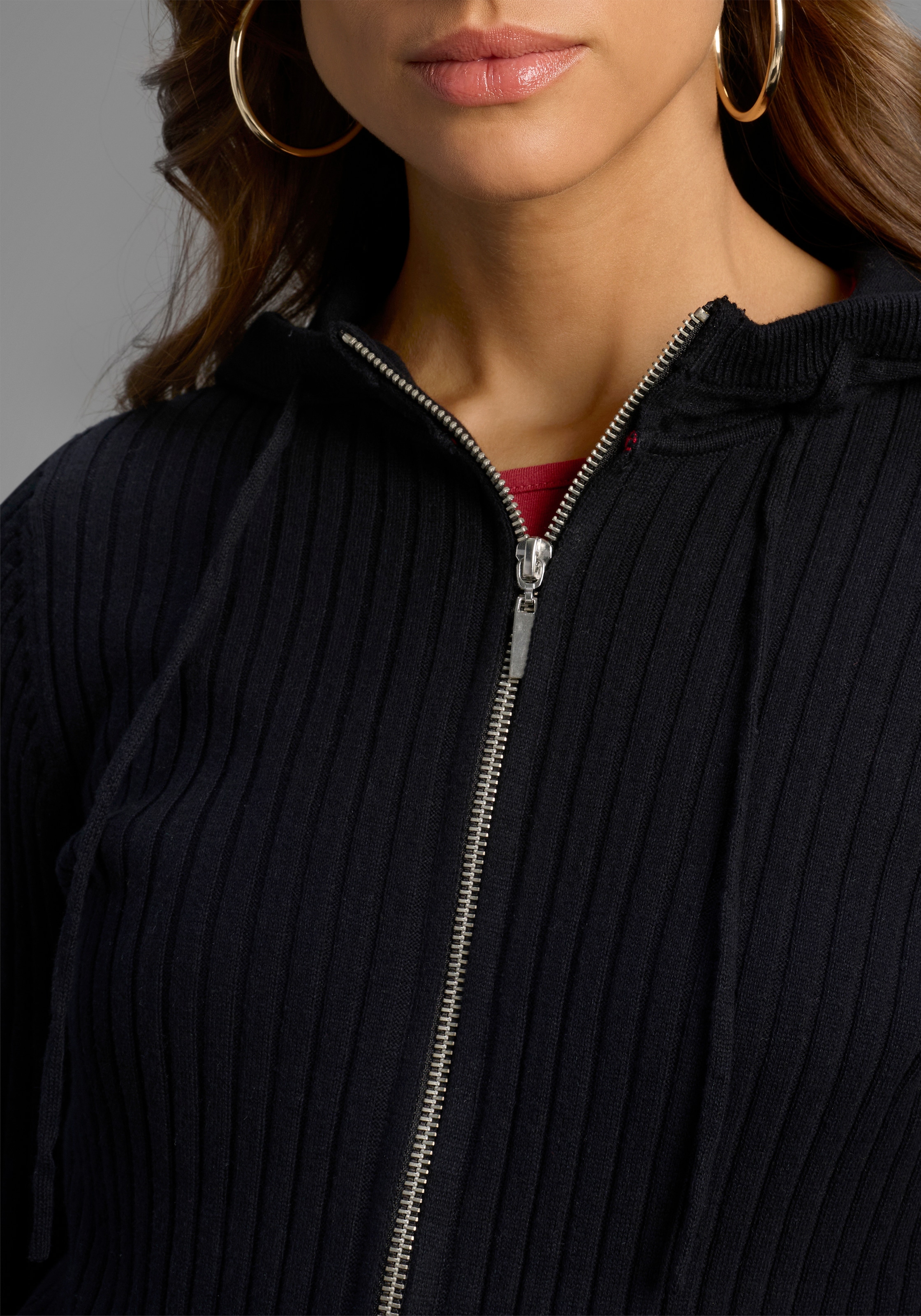 Laura Scott Cardigan à capuche Feinstrick mit Rippe mit 2-Wege-Reissverschluss - NEUE KOLLEKTION