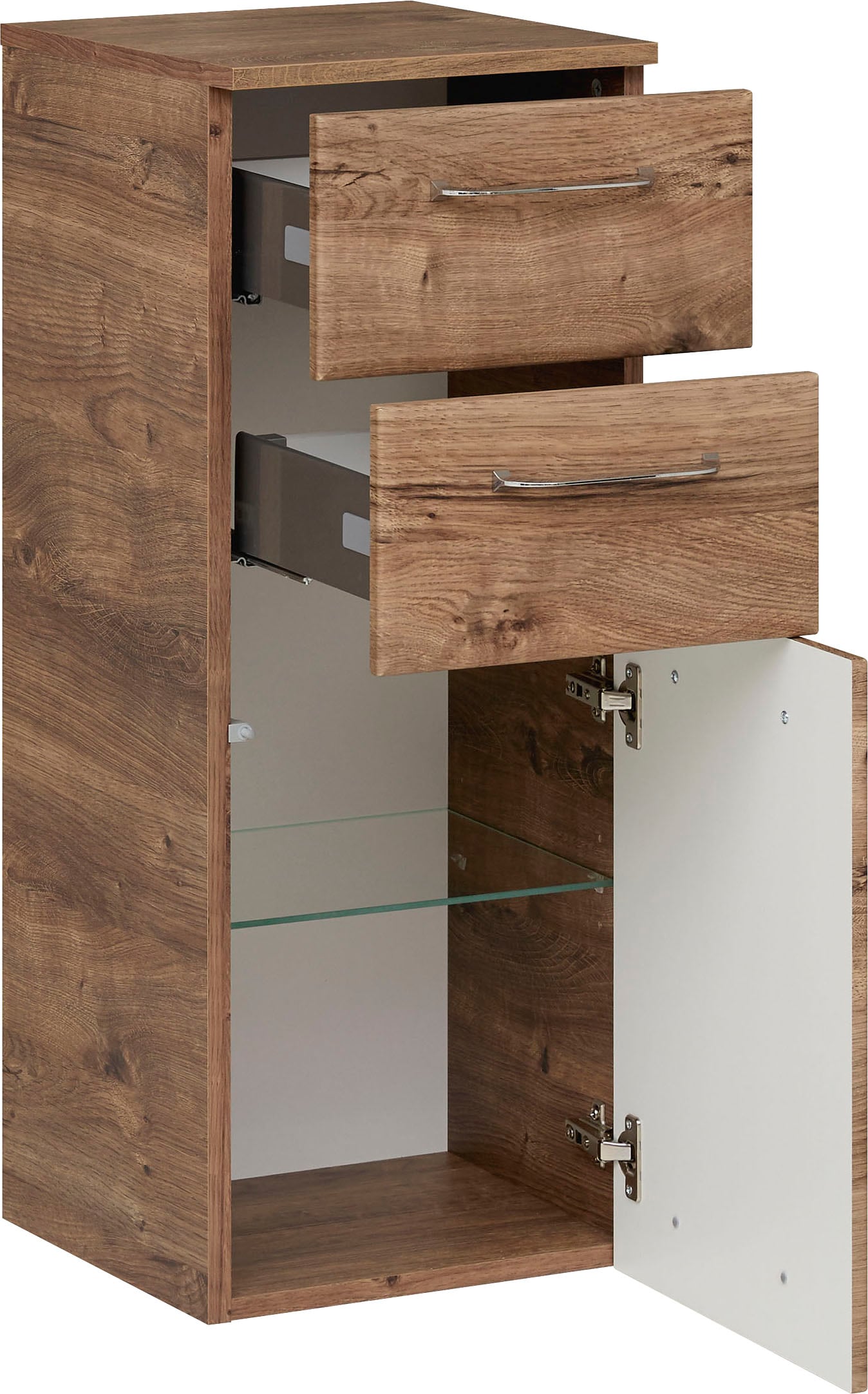 Saphir Armoire basse »Quickset Badschrank mit 1 Tür und 2 Schubladen, 35 cm breit« meuble bas de salle de bain incl. amortisseur de porte, poignées chromées brillantes