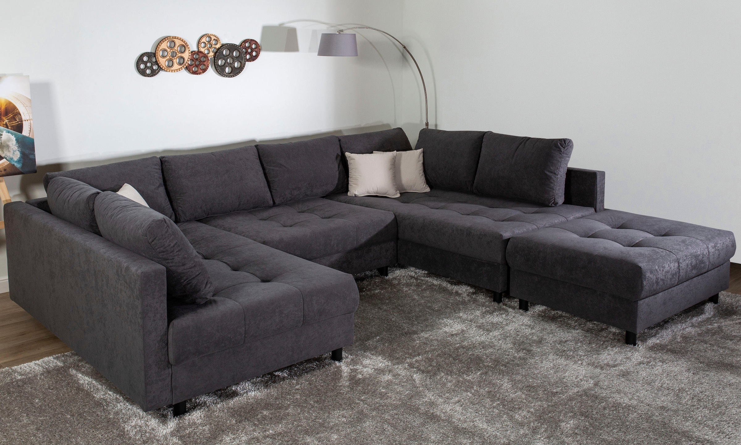 COLLECTION AB Paysage de salon »Toni U-Form, B: 298 cm, XXL-Liegefläche 282x178 cm mit Hocker« ensemble : canapé & pouf, 3 coussins décoratifs, ressorts ensachés
