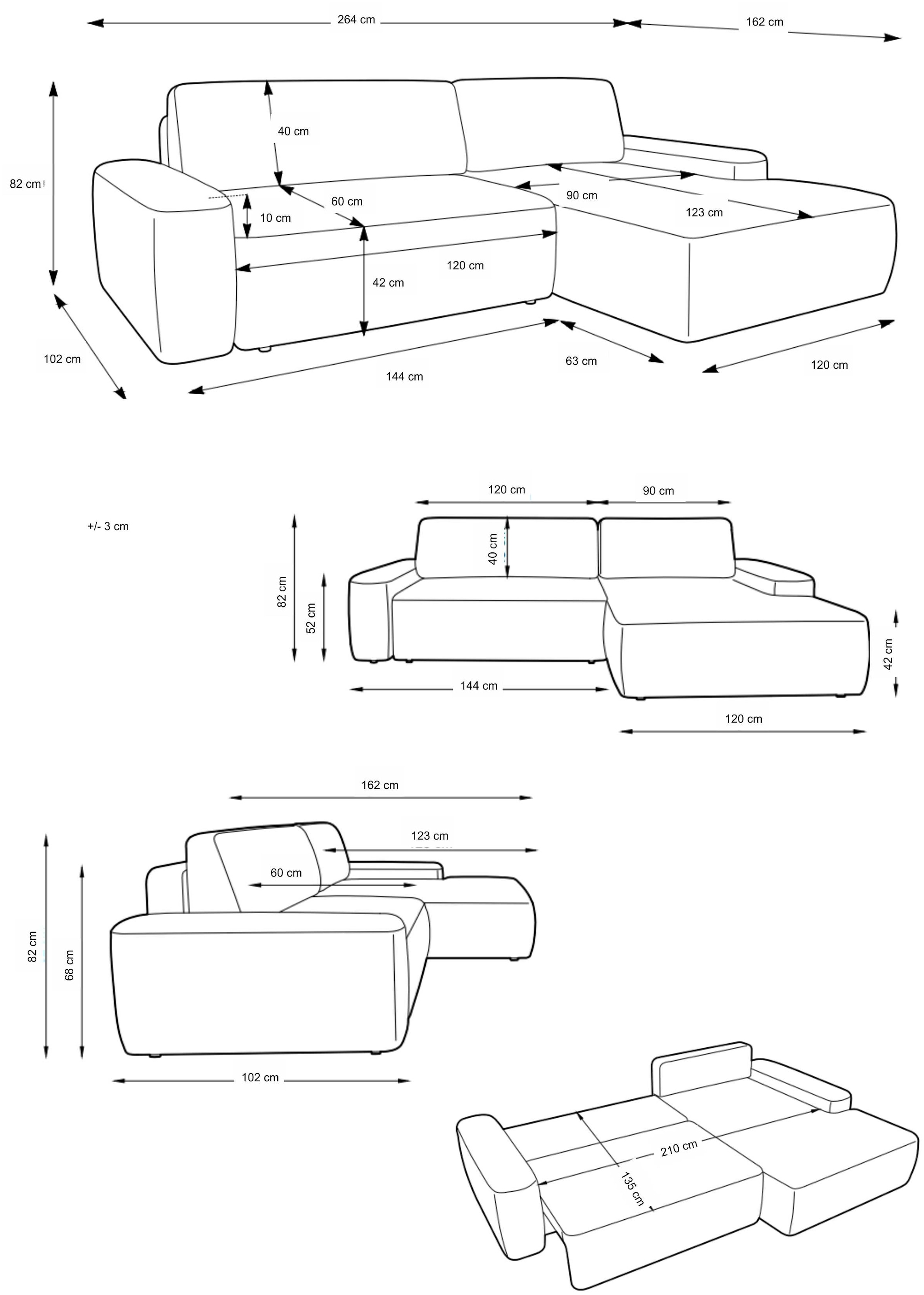 Home affaire Canapé d'angle »TORGE (264cm), Schlafsofa in Cord, Samtvelours o Struktur fein, L-Form« fonction couchage, coffre-lit, surface de couchage : 125/210 cm