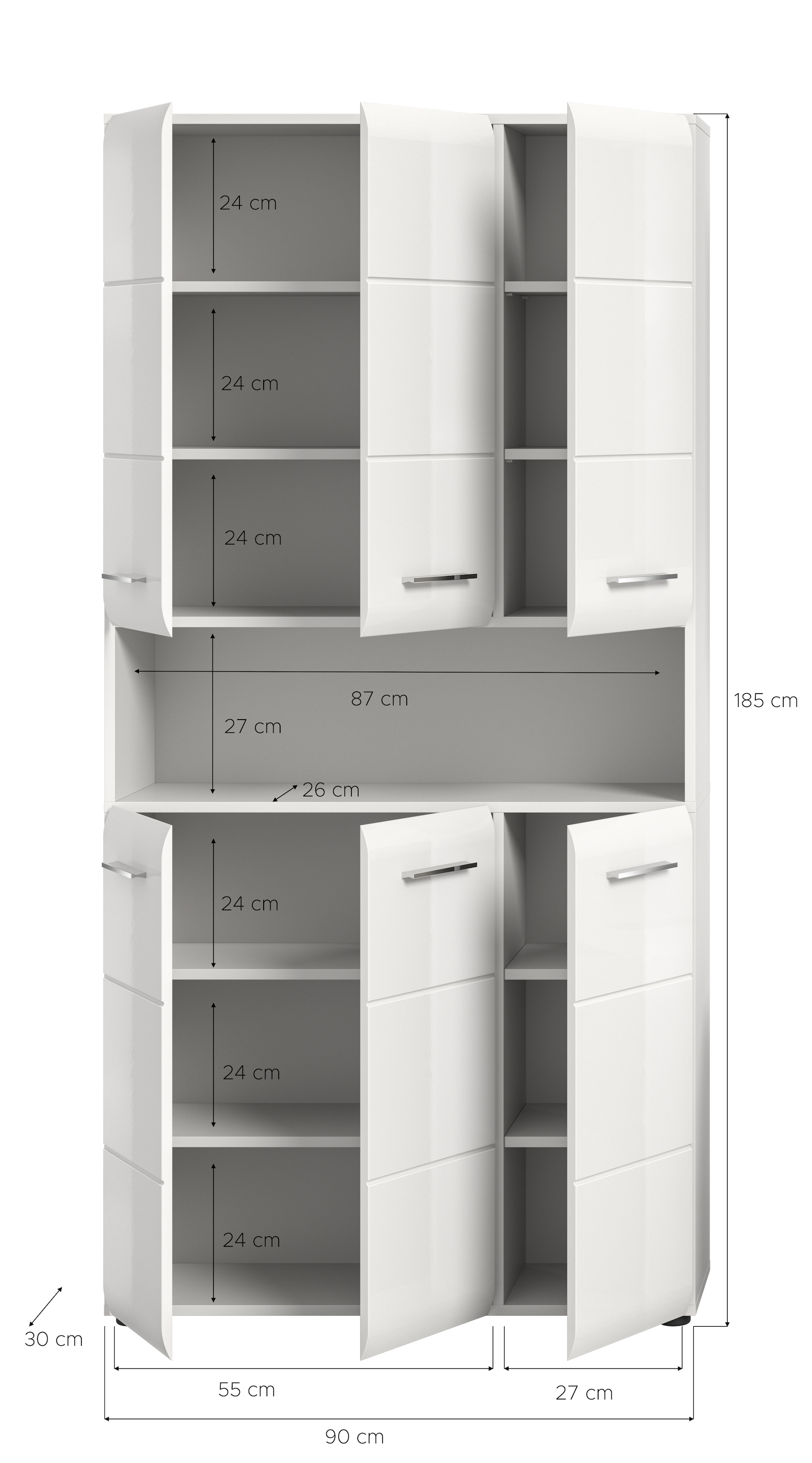 welltime Armoire de rangement 1 cuis tlg. Florenz, Mehrzweckschrank, Weiss Hochglanz Tiefzieh, 13 Fächer