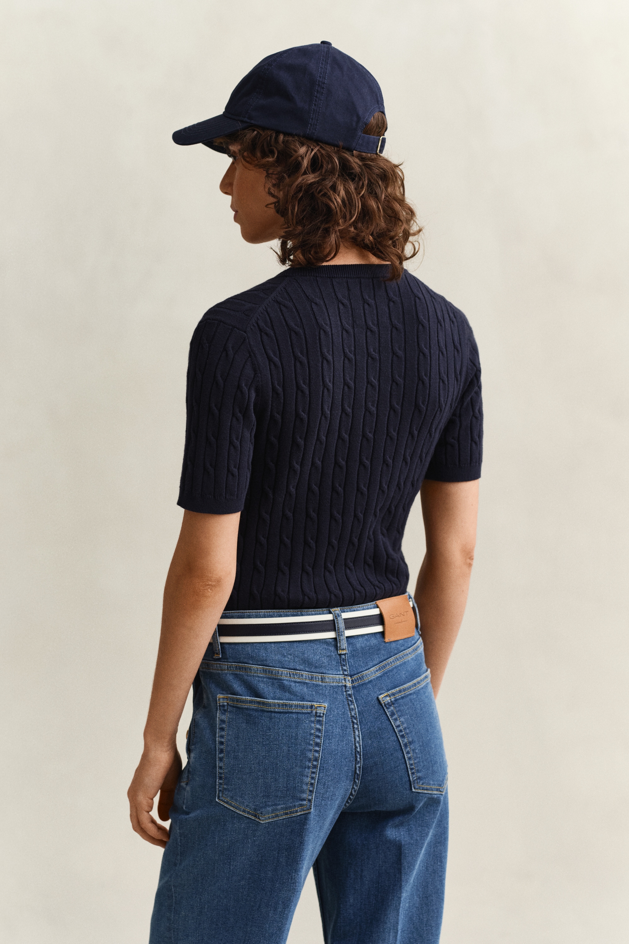 Gant Pull à manches courtes »STRETCH COTTON CABLE« Coupe slim avec encolure ronde