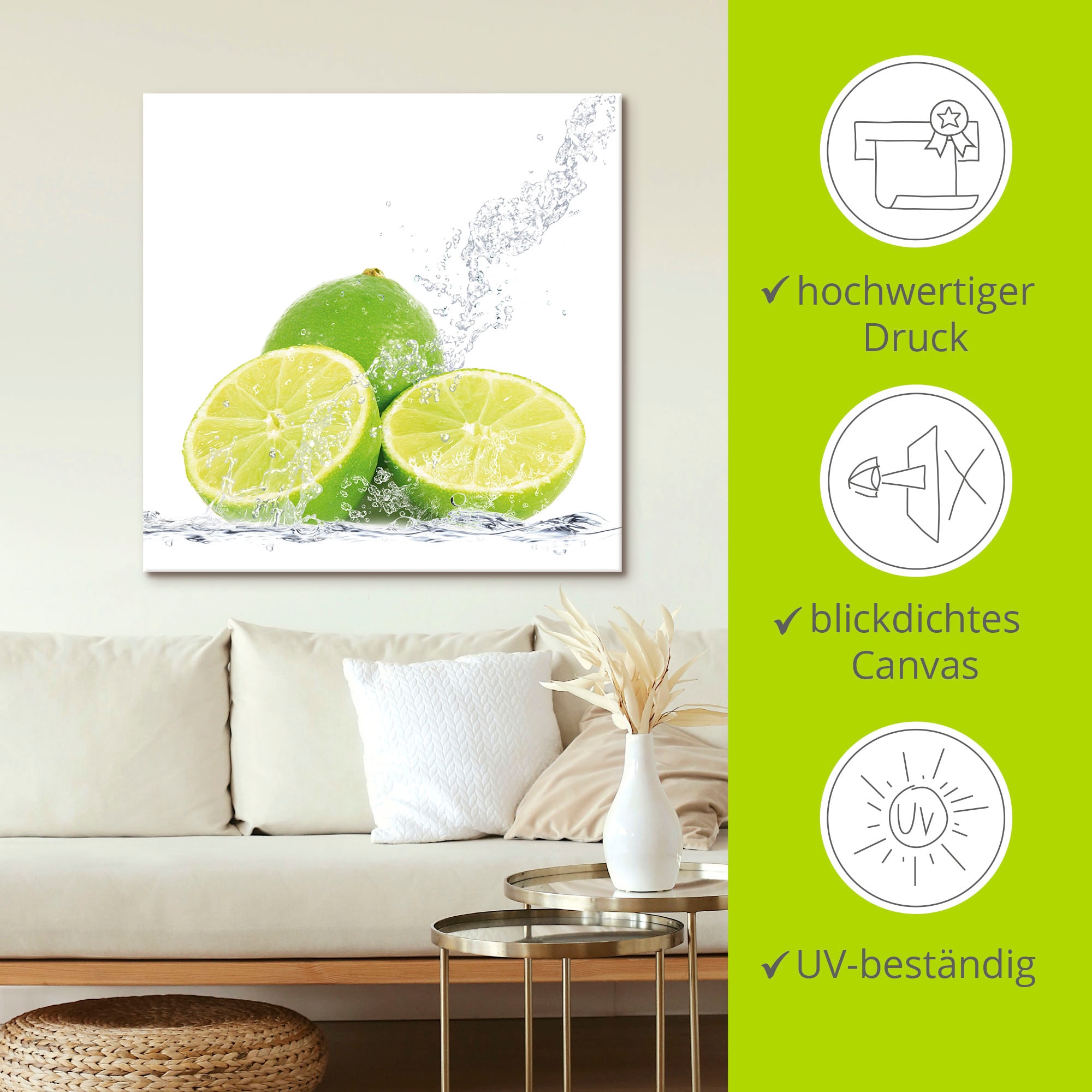 Artland Leinwandbild »Limette mit Spritzwasser« Lebensmittel 1 Stk. tlg. als Leinwandbild, Poster, Wandaufkleber in verschied. Grössen