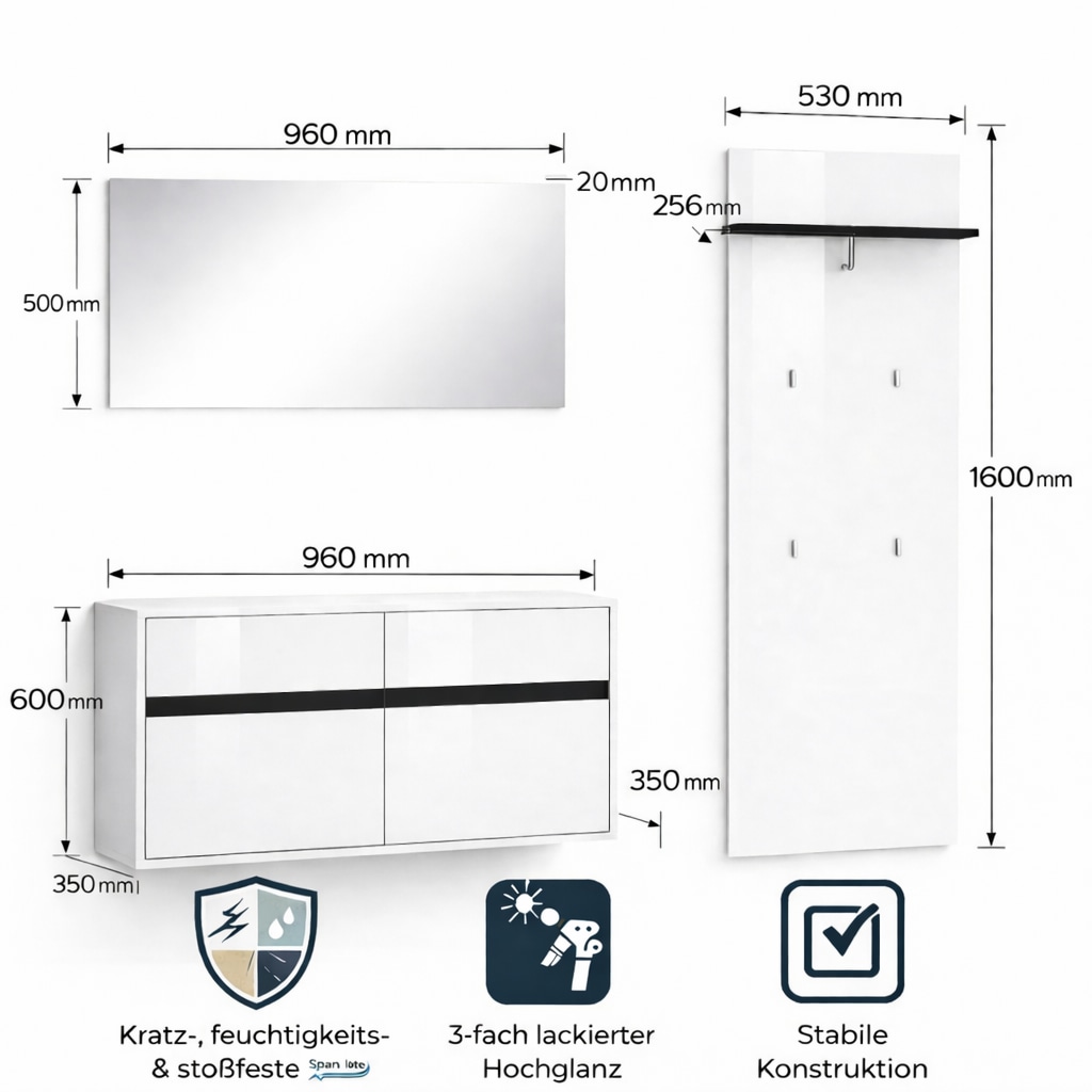 GOODproduct Garderoben-Set »Locco Flurmöbel, Dielenmöbel, Flurschrank, Flurgarderobe B: ca 150 cm« 3 Stk. tlg.