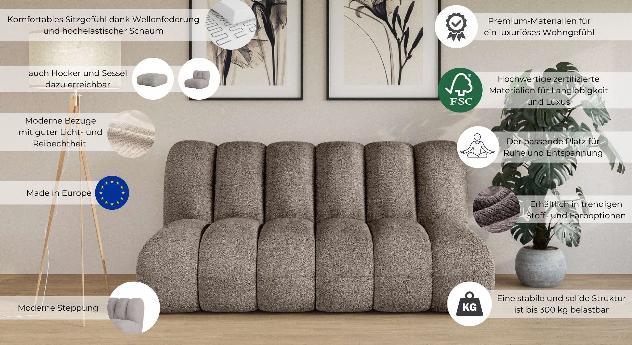 LeGer Home by Lena Gercke 2,5-places »Priya Designersofa, moderne Steppung, auch in Bouclé« confortable et moderne, L/P/H : 185/108/84 cm