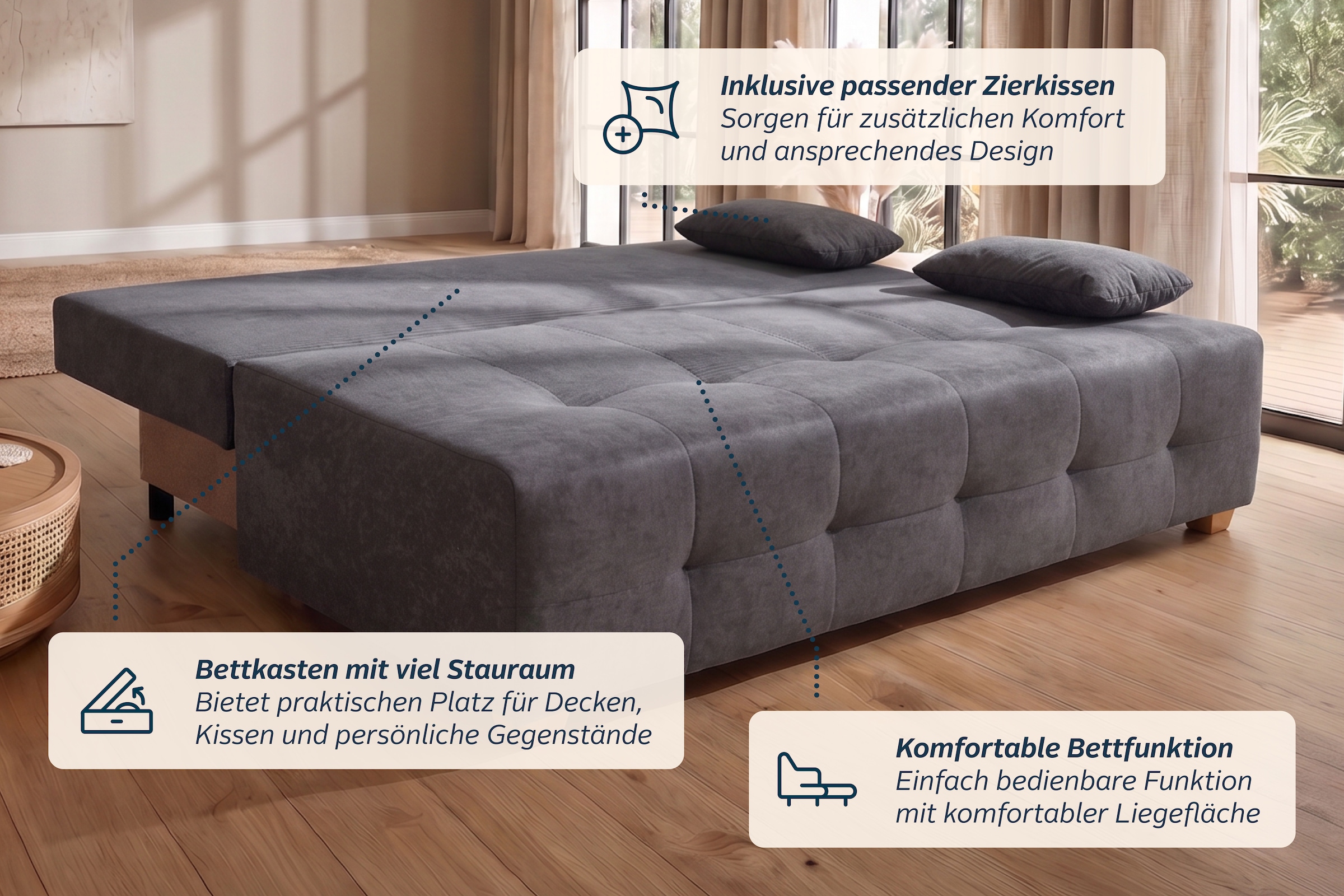 COLLECTION AB Schlafsofa »Bella, B: 196 cm, Liegefl. 145x196 cm« Schlaffunktion, Bettkasten & 2 Armlehnenkissen, Federkern